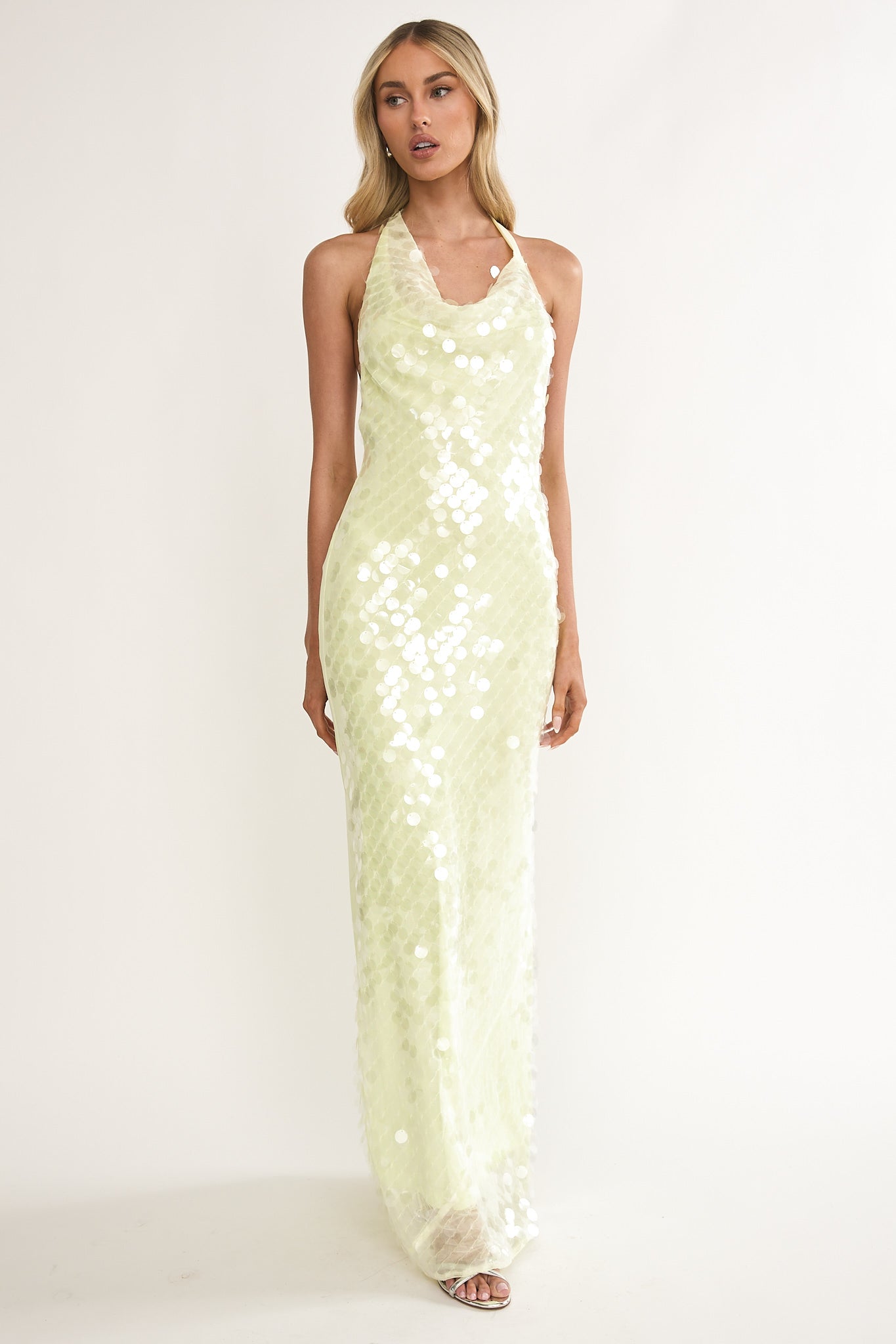 Kirralee Asymmetric Halterneck Sequin Maxi Dress Butter