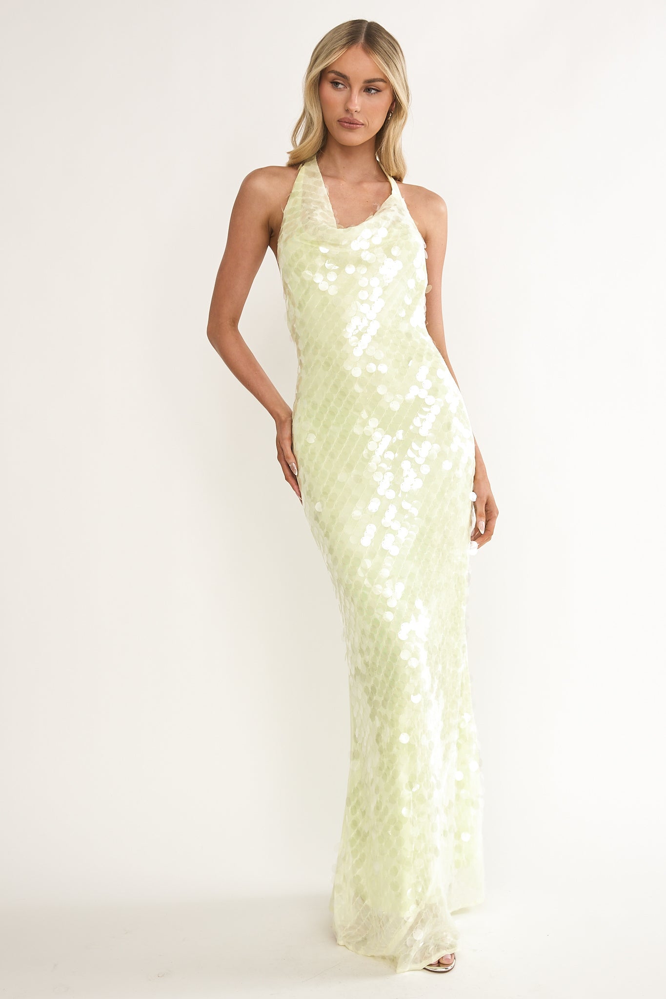 Kirralee Asymmetric Halterneck Sequin Maxi Dress Butter