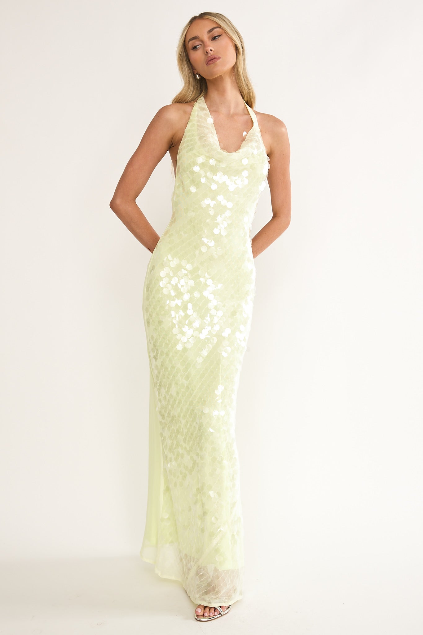 Kirralee Asymmetric Halterneck Sequin Maxi Dress Butter