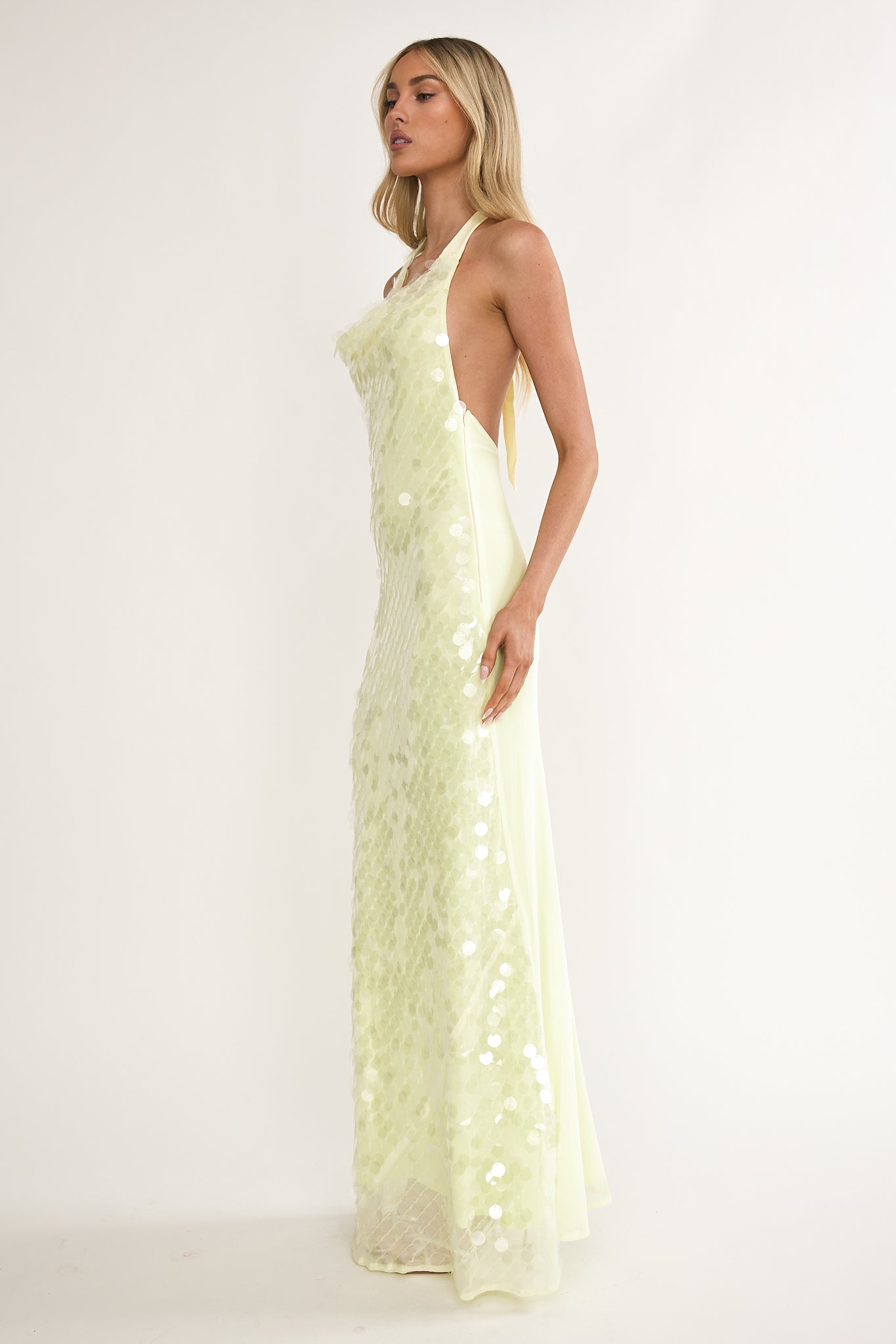 Kirralee Asymmetric Halterneck Sequin Maxi Dress Butter