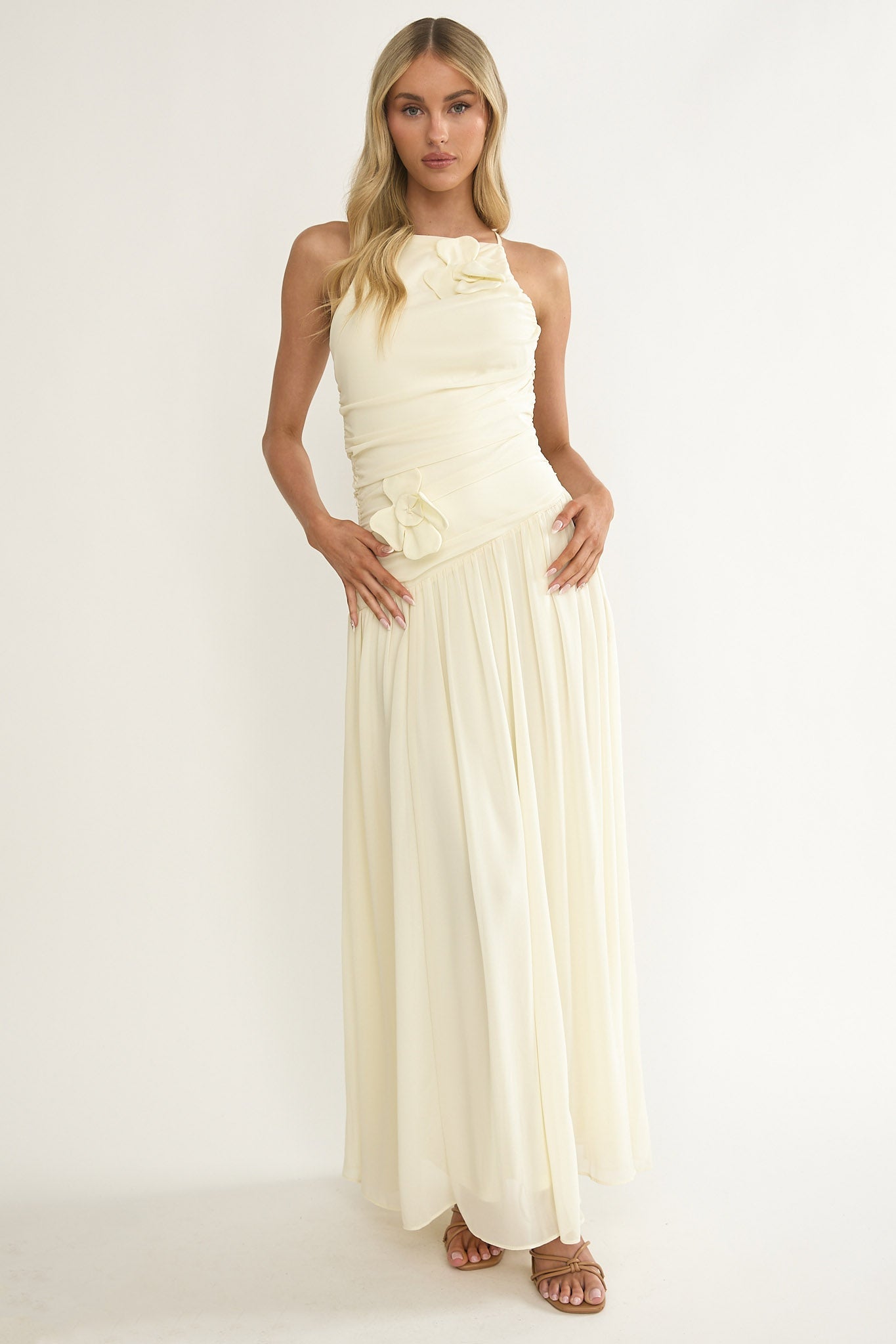 Brighten Drop Waist Flower Accent Maxi Dress Butter