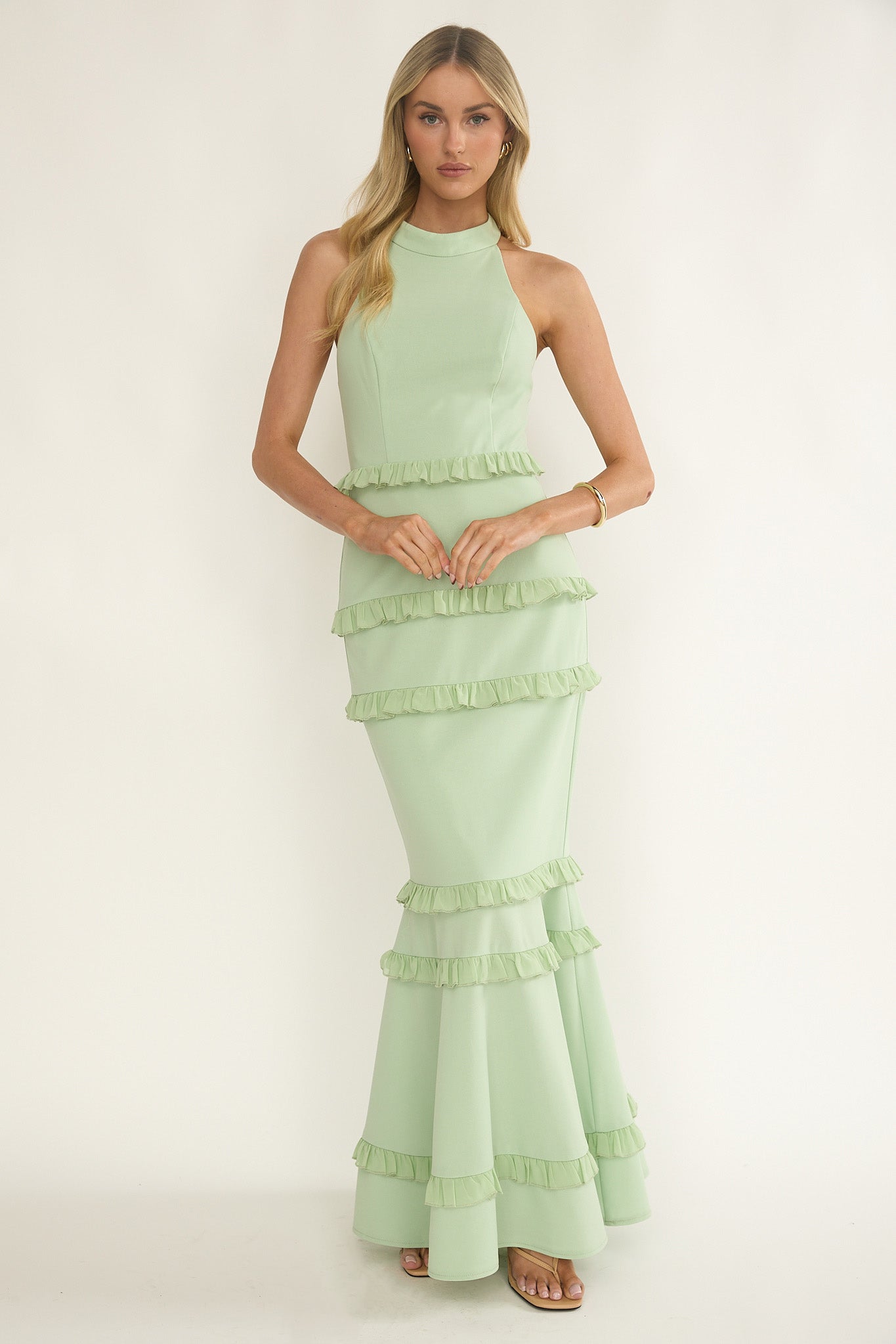 Haze Frill Trim Halterneck Maxi Dress Sage
