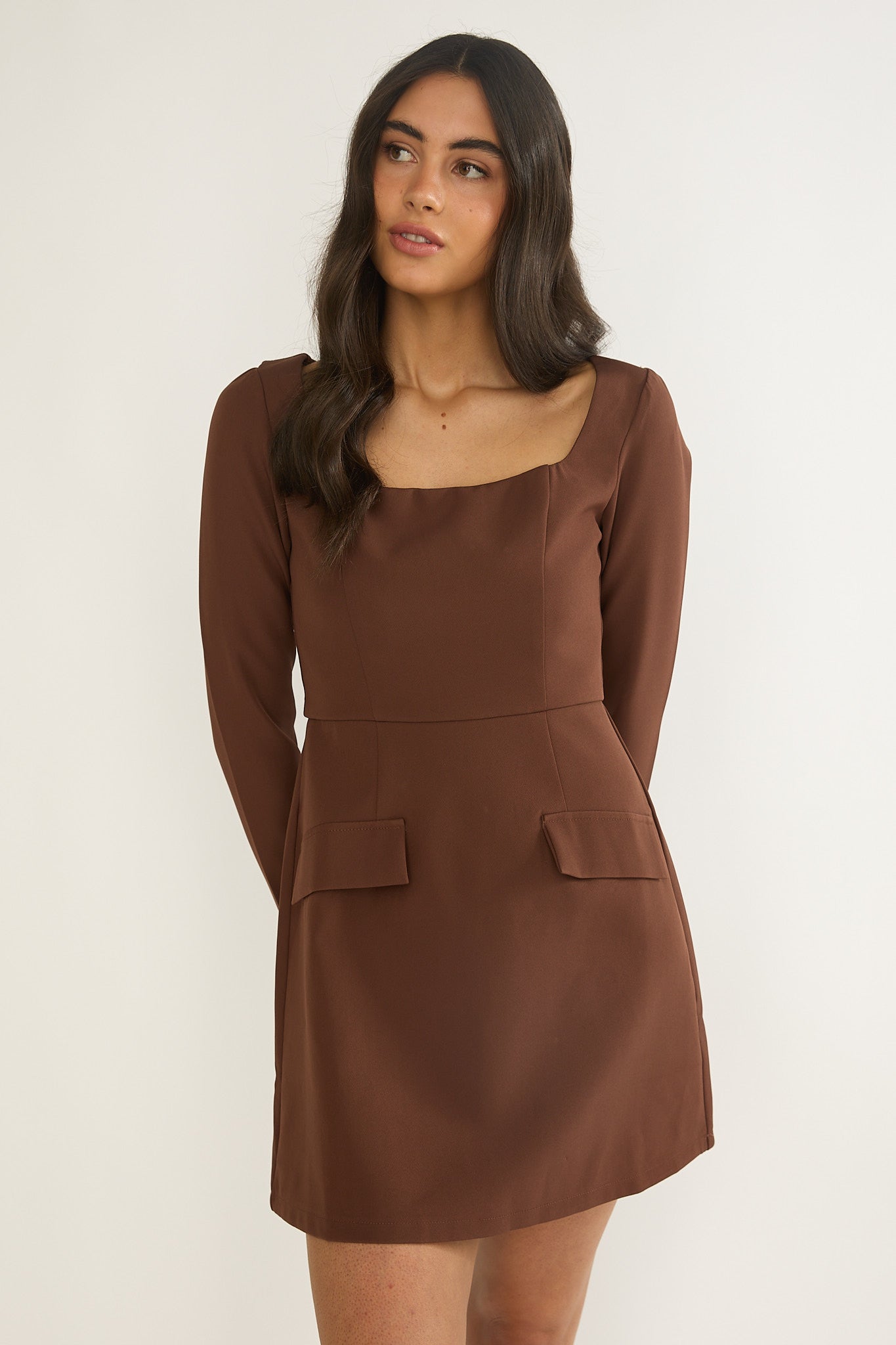 Calenne Long Sleeve Faux Pocket Mini Dress Coffee