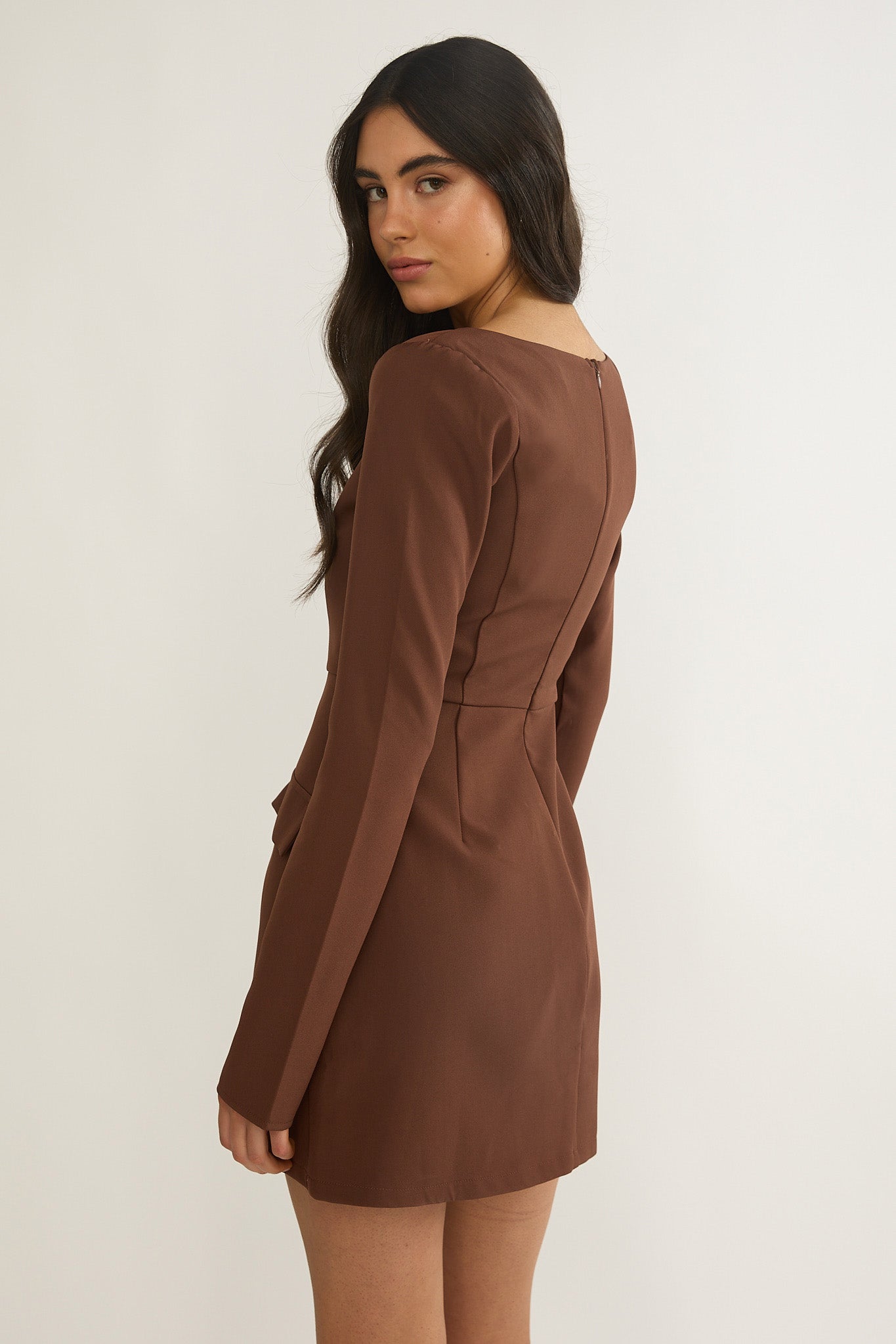 Calenne Long Sleeve Faux Pocket Mini Dress Coffee