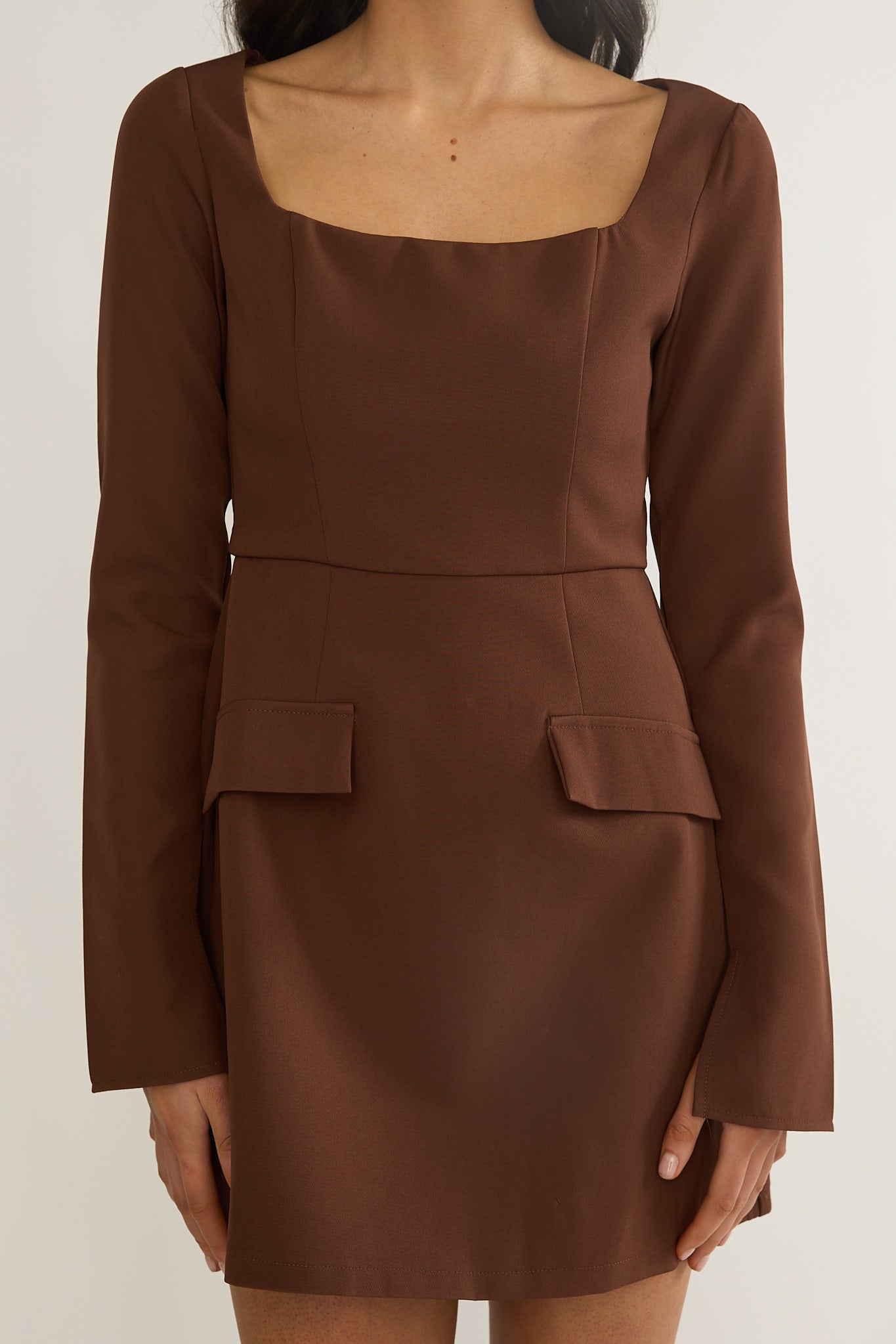 Calenne Long Sleeve Faux Pocket Mini Dress Coffee