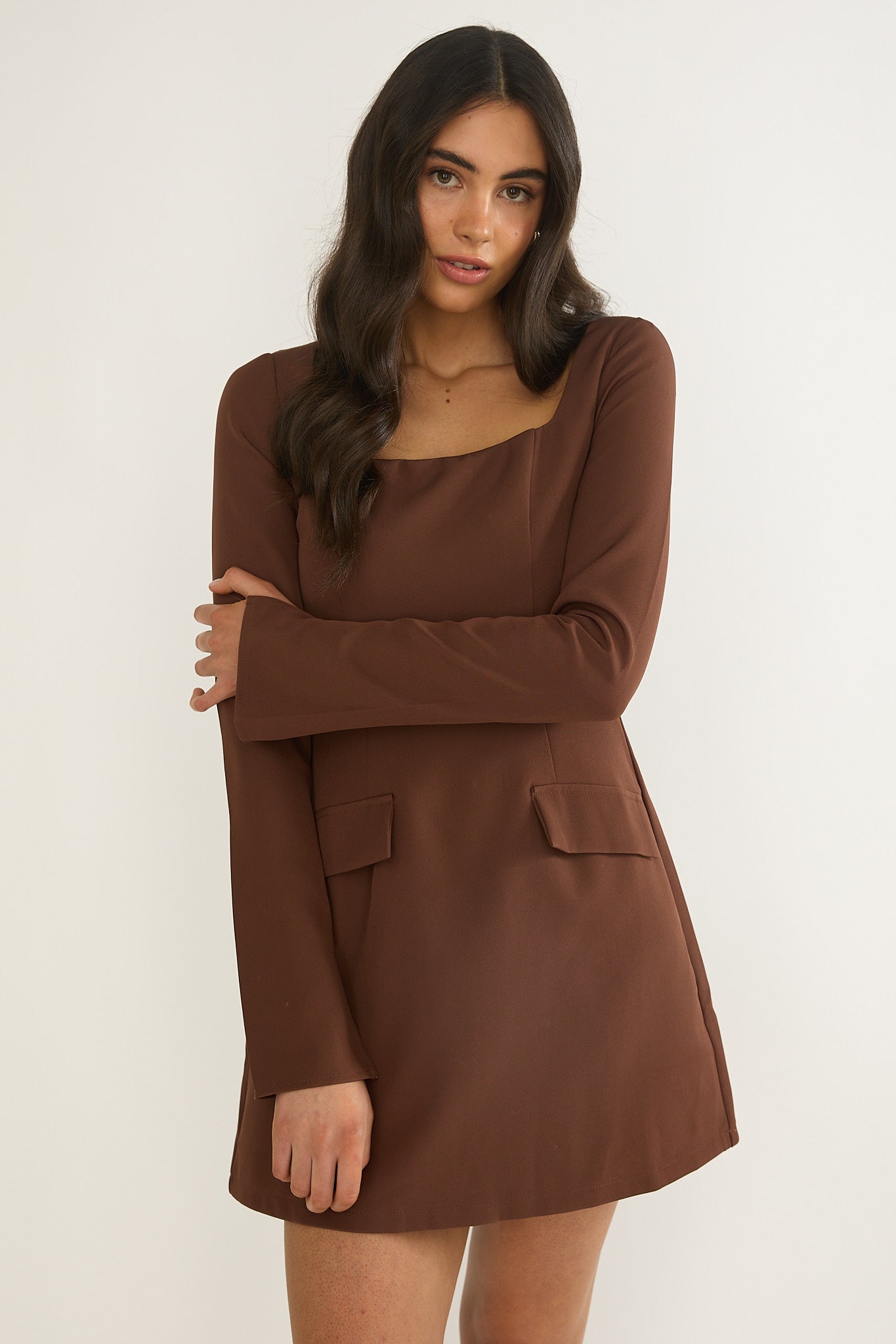 Calenne Long Sleeve Faux Pocket Mini Dress Coffee