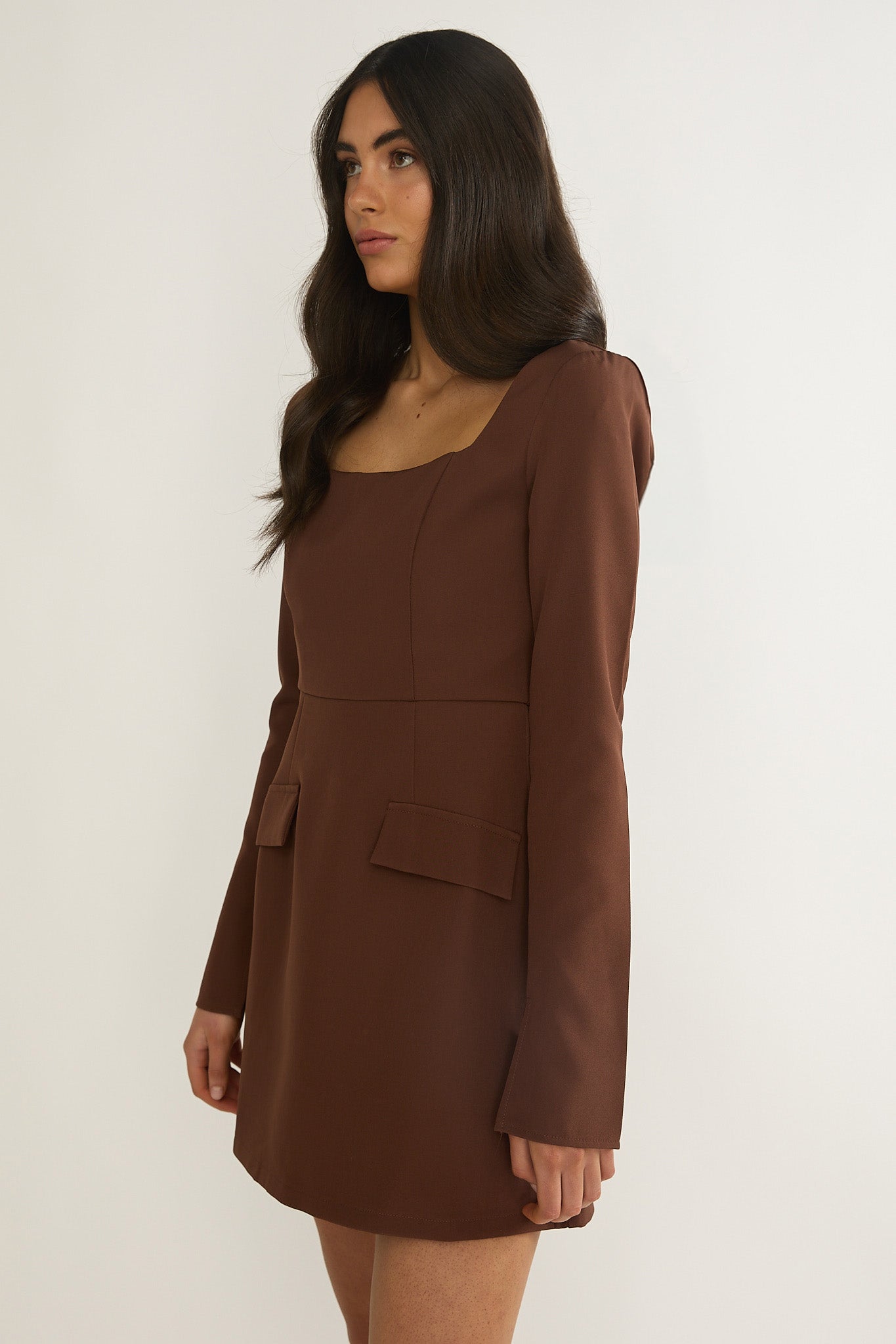 Calenne Long Sleeve Faux Pocket Mini Dress Coffee