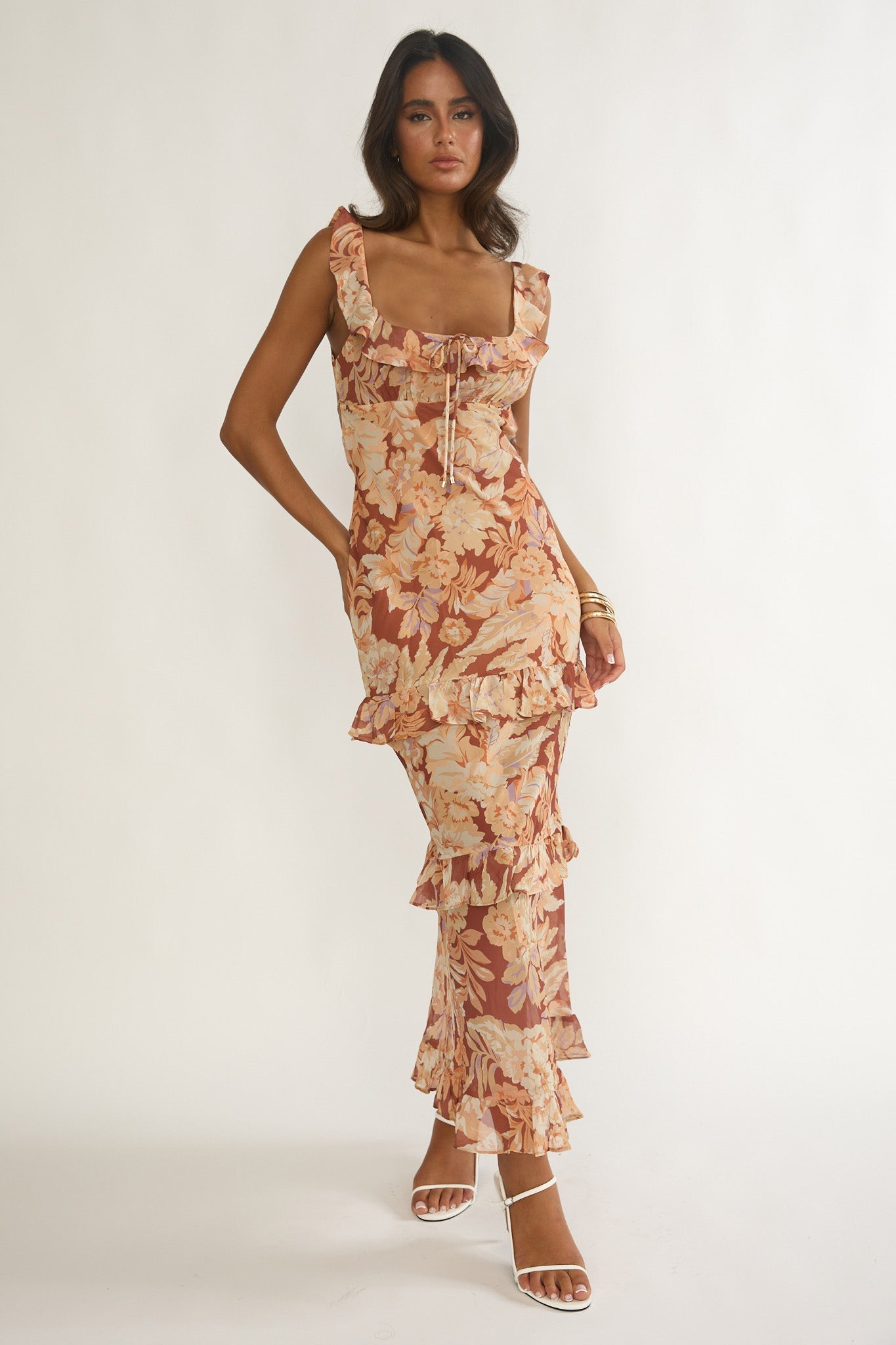 Dorise Tied Back Ruffle Maxi Dress Floral Yellow