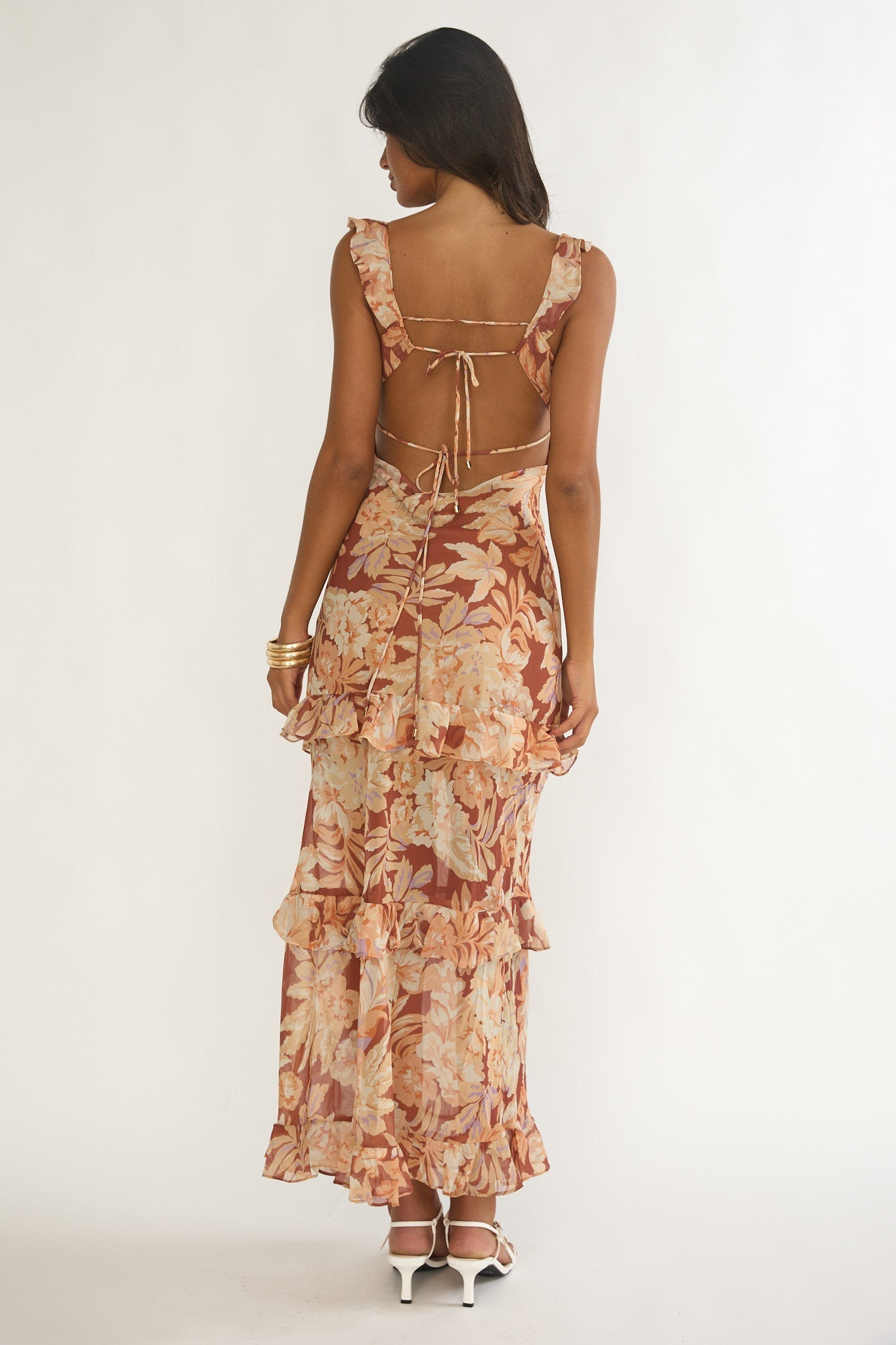 Dorise Tied Back Ruffle Maxi Dress Floral Yellow