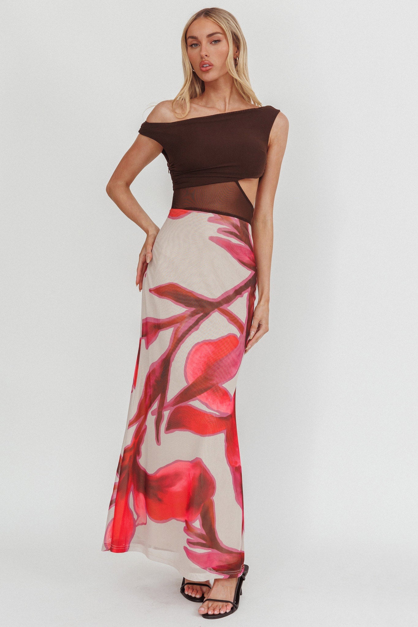 In Blooms Mesh Bodice Maxi Dress Print Chocolate