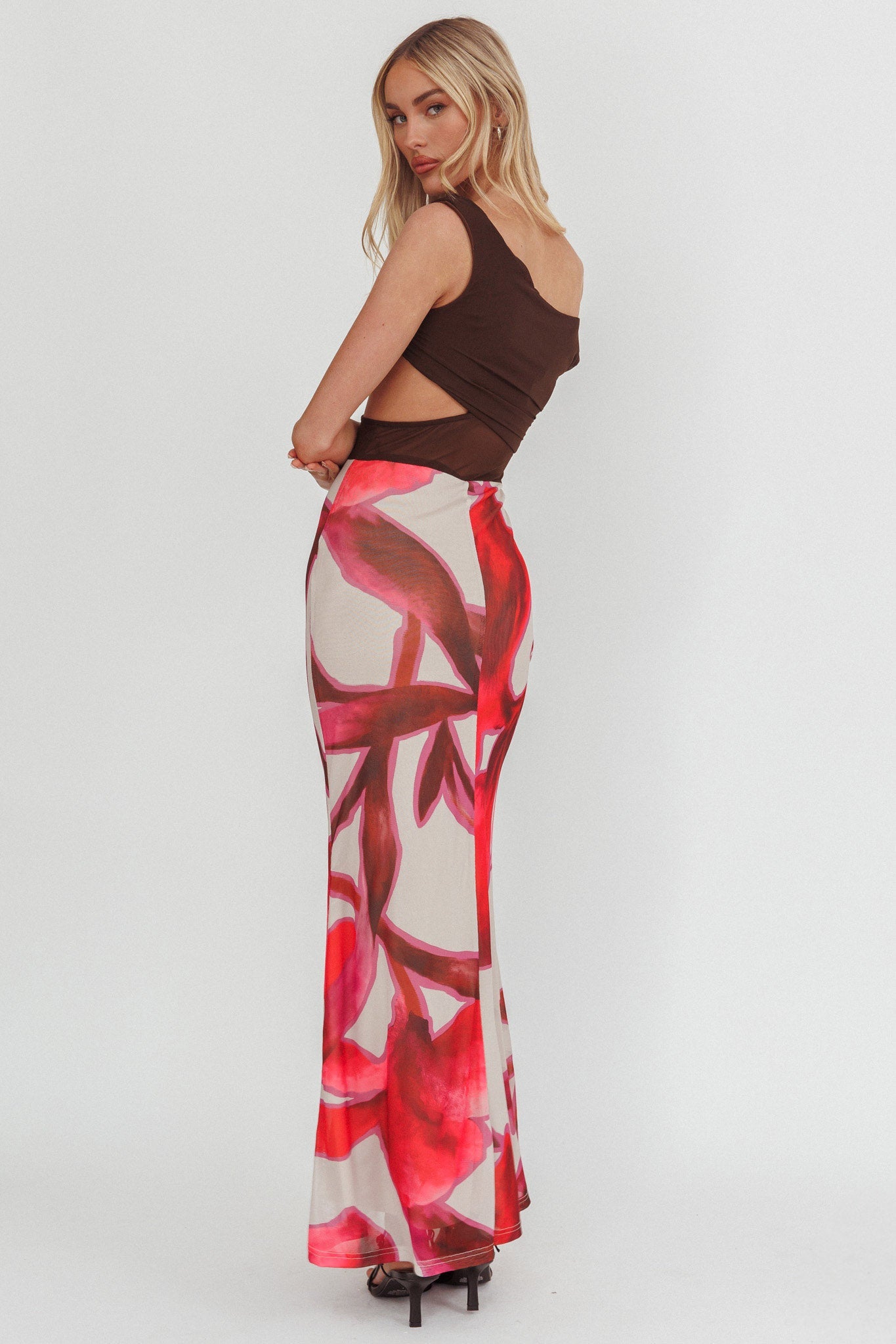 In Blooms Mesh Bodice Maxi Dress Print Chocolate