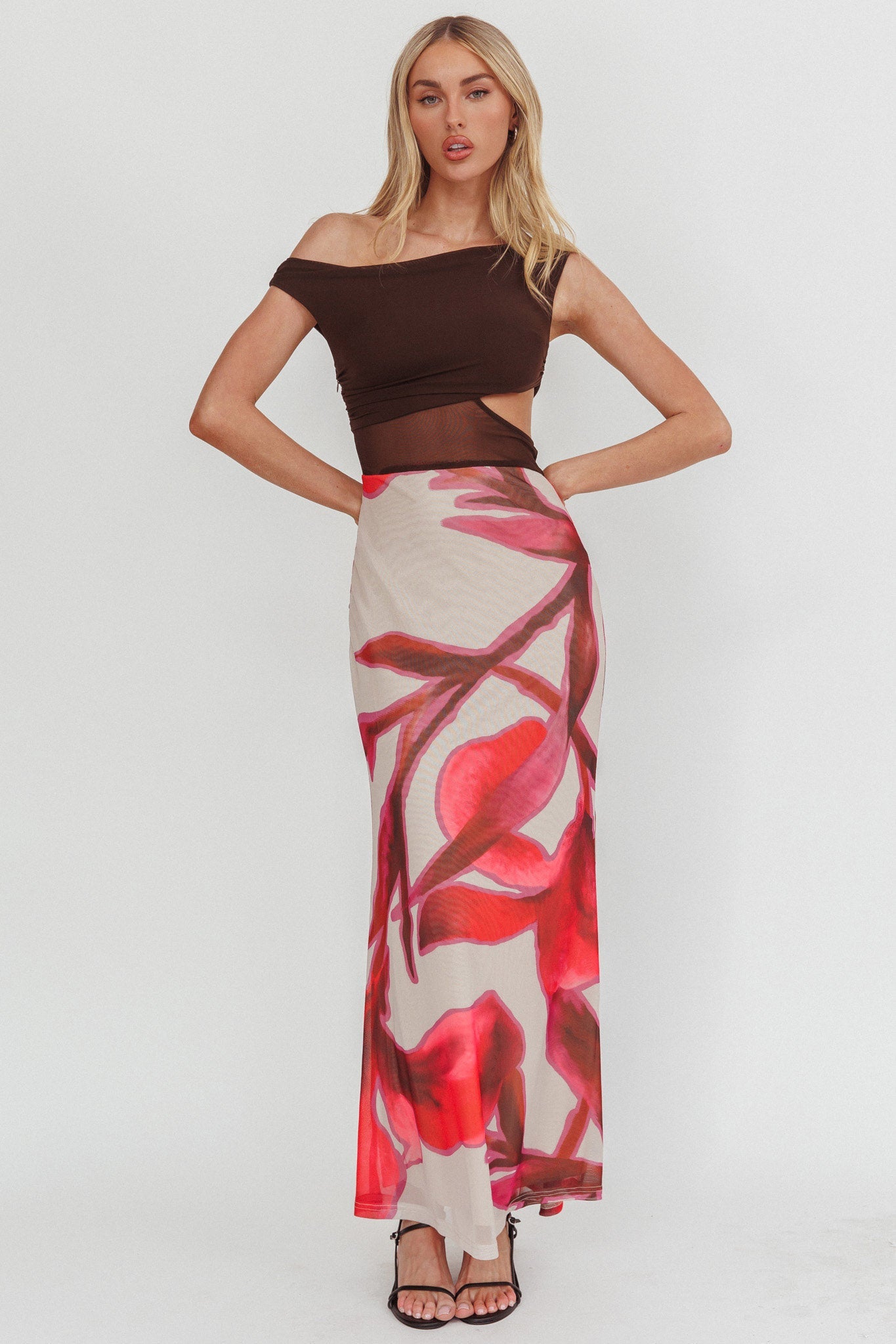 In Blooms Mesh Bodice Maxi Dress Print Chocolate