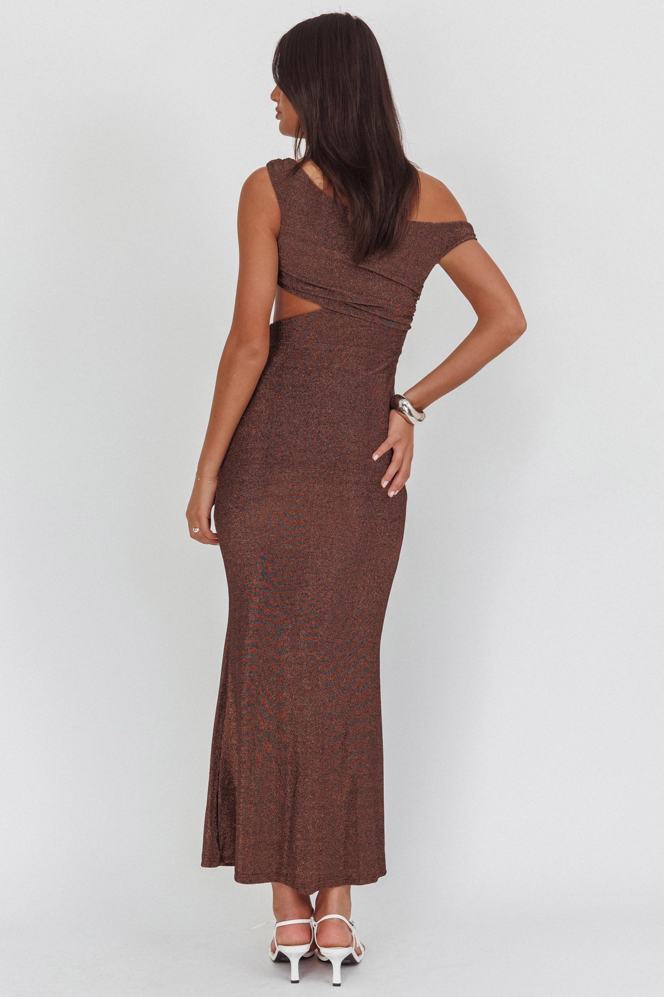 In Blooms Asymmetric Neckline Maxi Dress Shimmer Chocolate