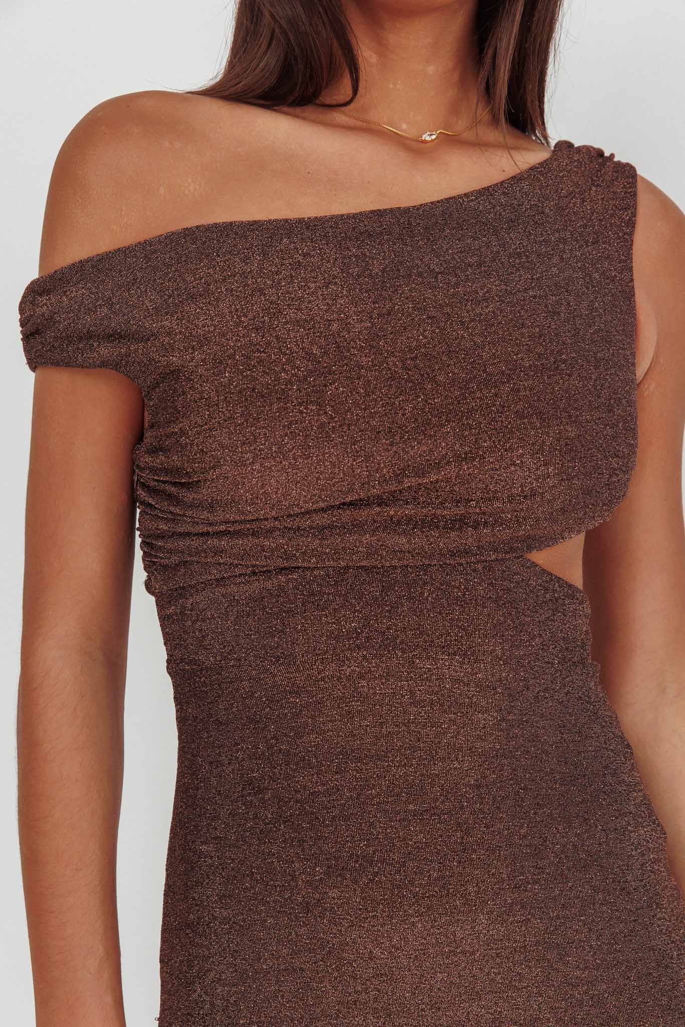 In Blooms Asymmetric Neckline Maxi Dress Shimmer Chocolate