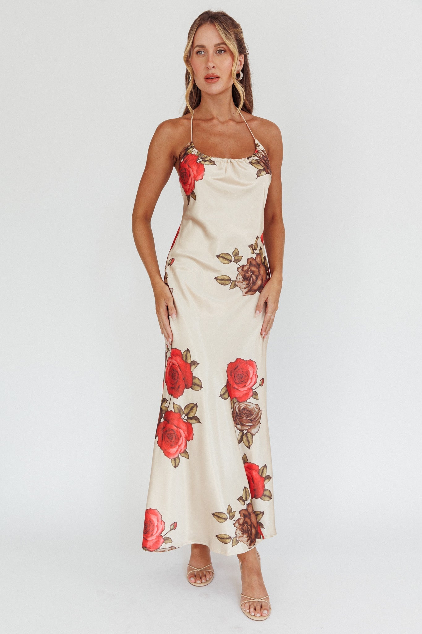 Aspen Spring Lace-Up Back Maxi Dress Floral Beige