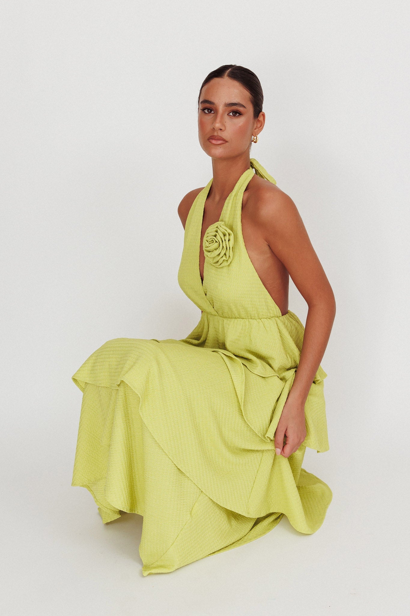Kimberley Halter Neck Ruffle Maxi Dress Matcha