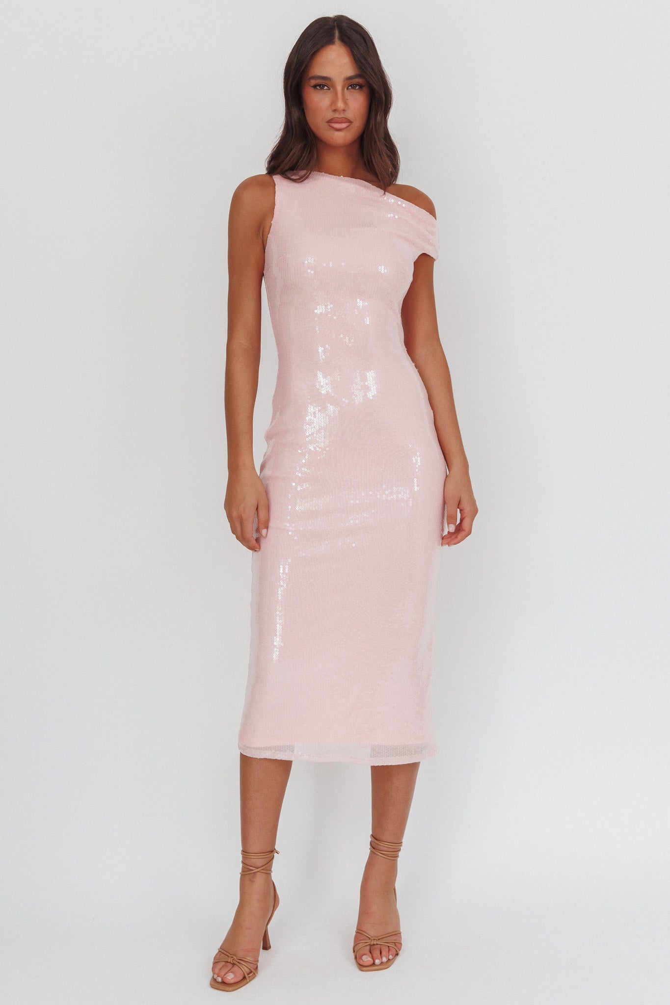 Country Club Asymmetric Neckline Midi Dress Sequin Blush