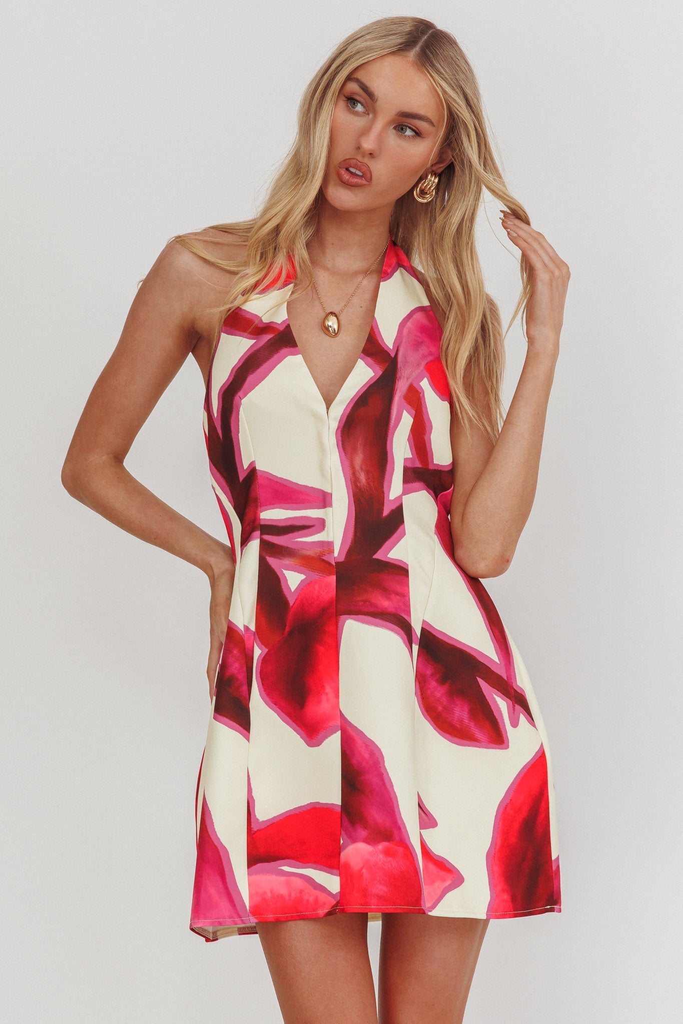 Elisabet Halter Neck Mini Dress Print Red