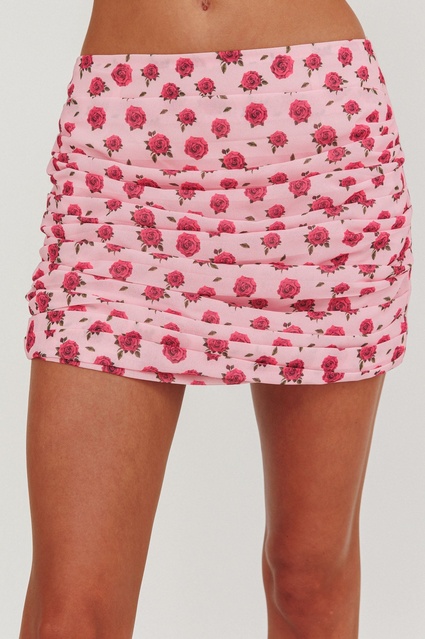 Charise Ruched Mini Skirt Roses Pink