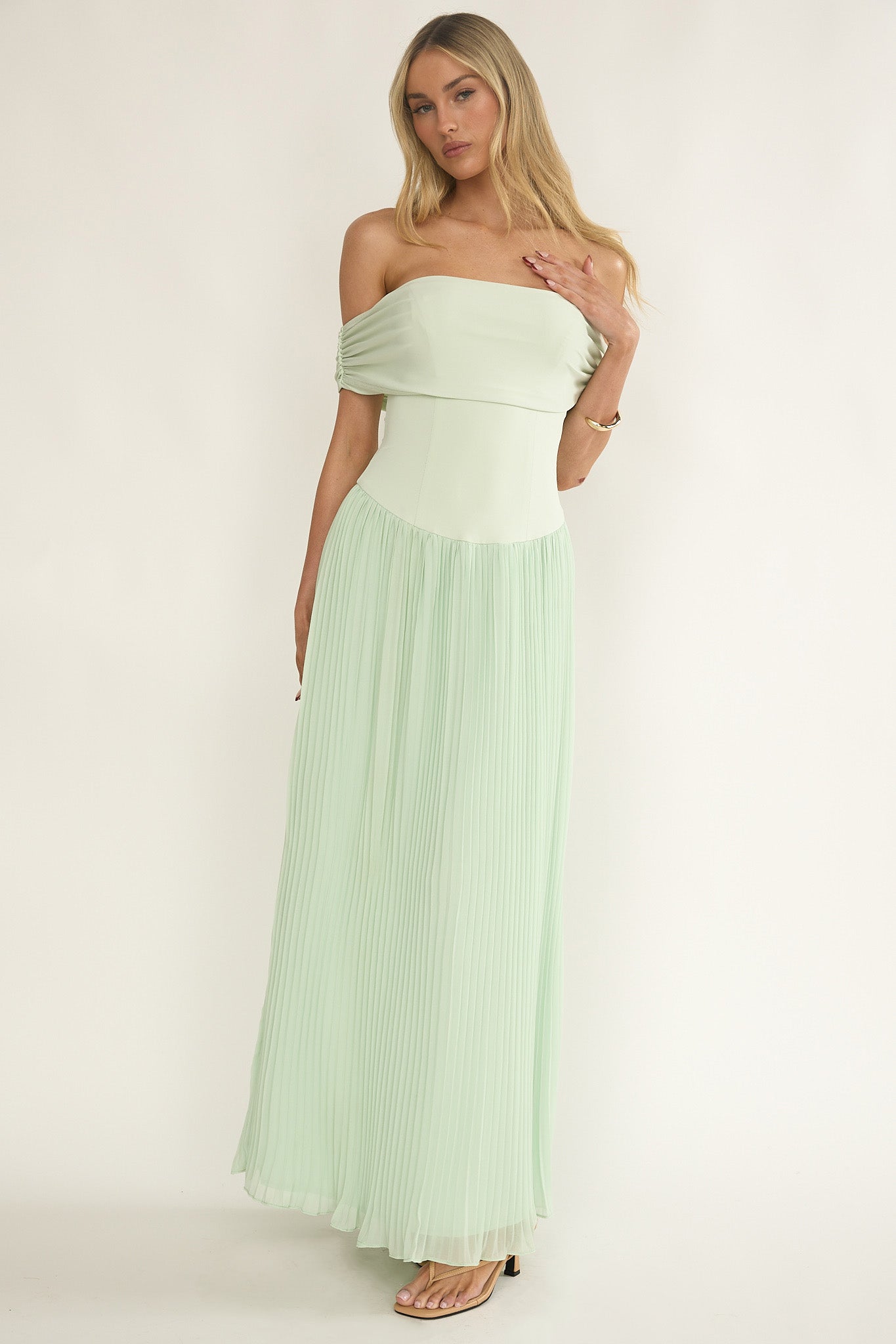 Flutters Off-Shoulder Accordion Pleat Dress Sage