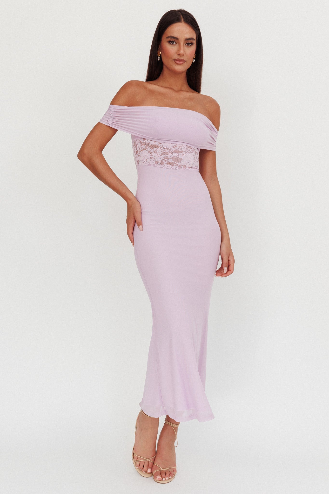 Flutters Off-Shoulder Lace Insert Maxi Dress Lilac
