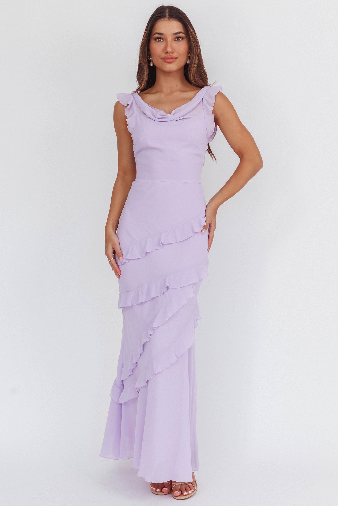 Sangria Cowl Neck Frill Maxi Dress Lilac