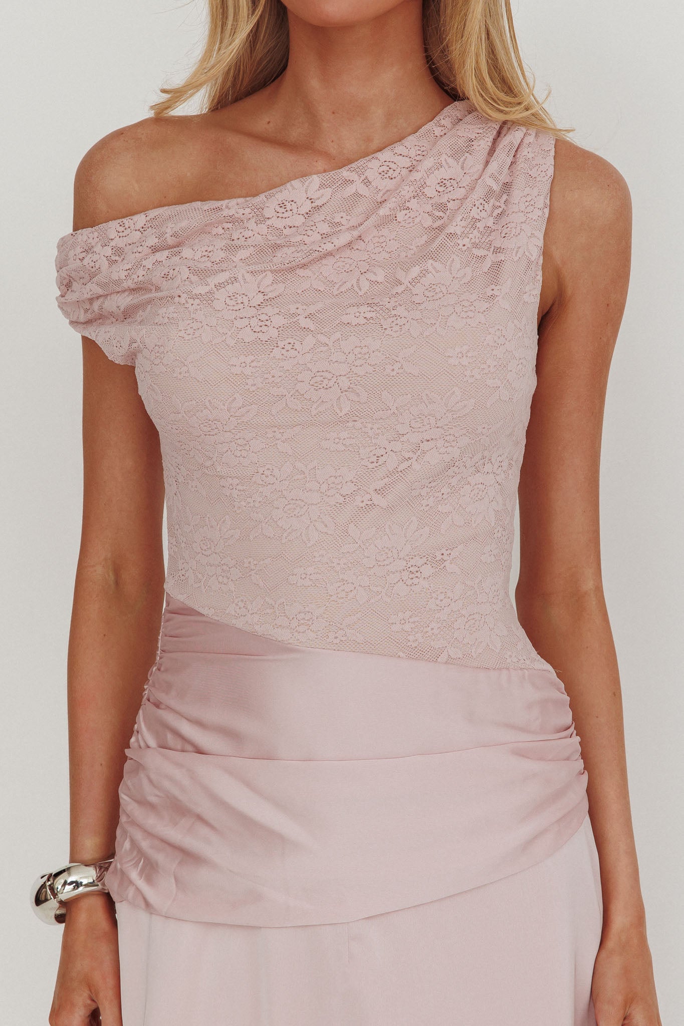 Diana Asymmetric Shoulder Pleat Waist Maxi Dress Blush