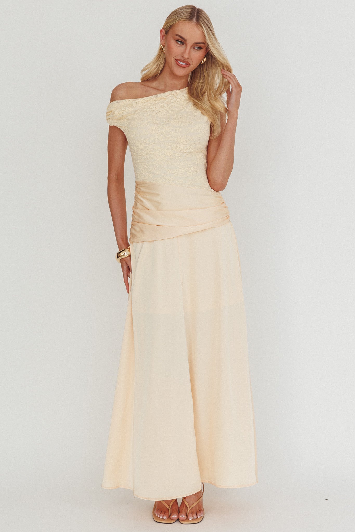 Diana Asymmetric Shoulder Pleat Waist Maxi Dress Butter