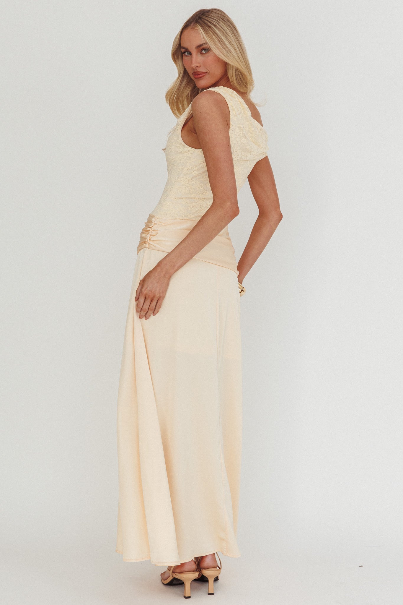Diana Asymmetric Shoulder Pleat Waist Maxi Dress Butter