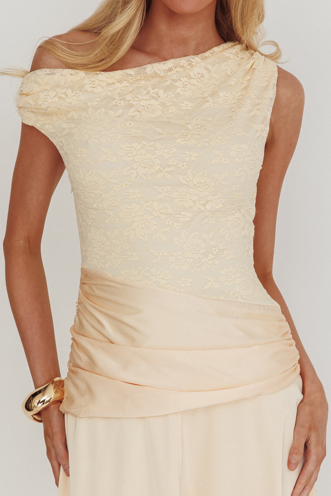 Diana Asymmetric Shoulder Pleat Waist Maxi Dress Butter