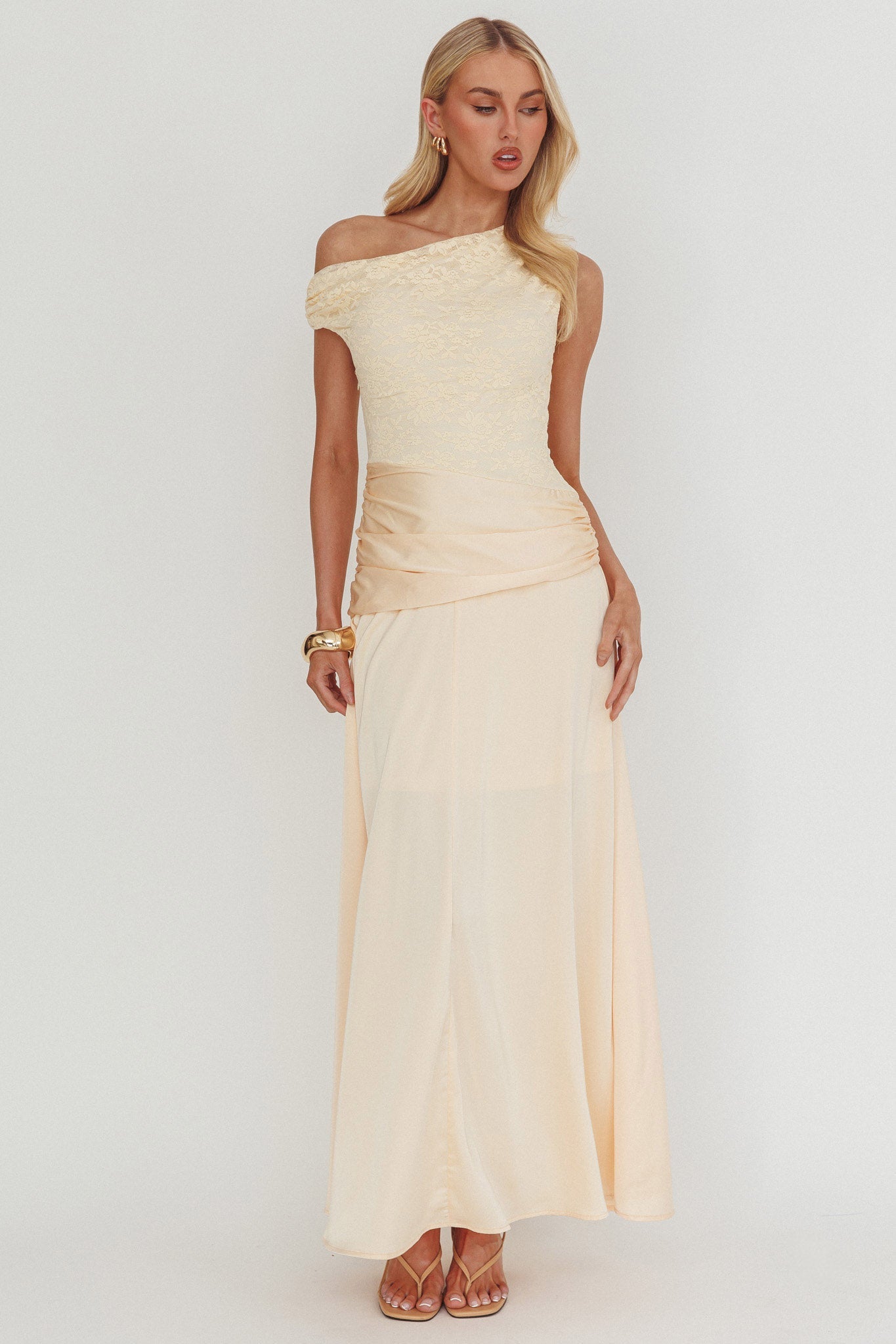 Diana Asymmetric Shoulder Pleat Waist Maxi Dress Butter