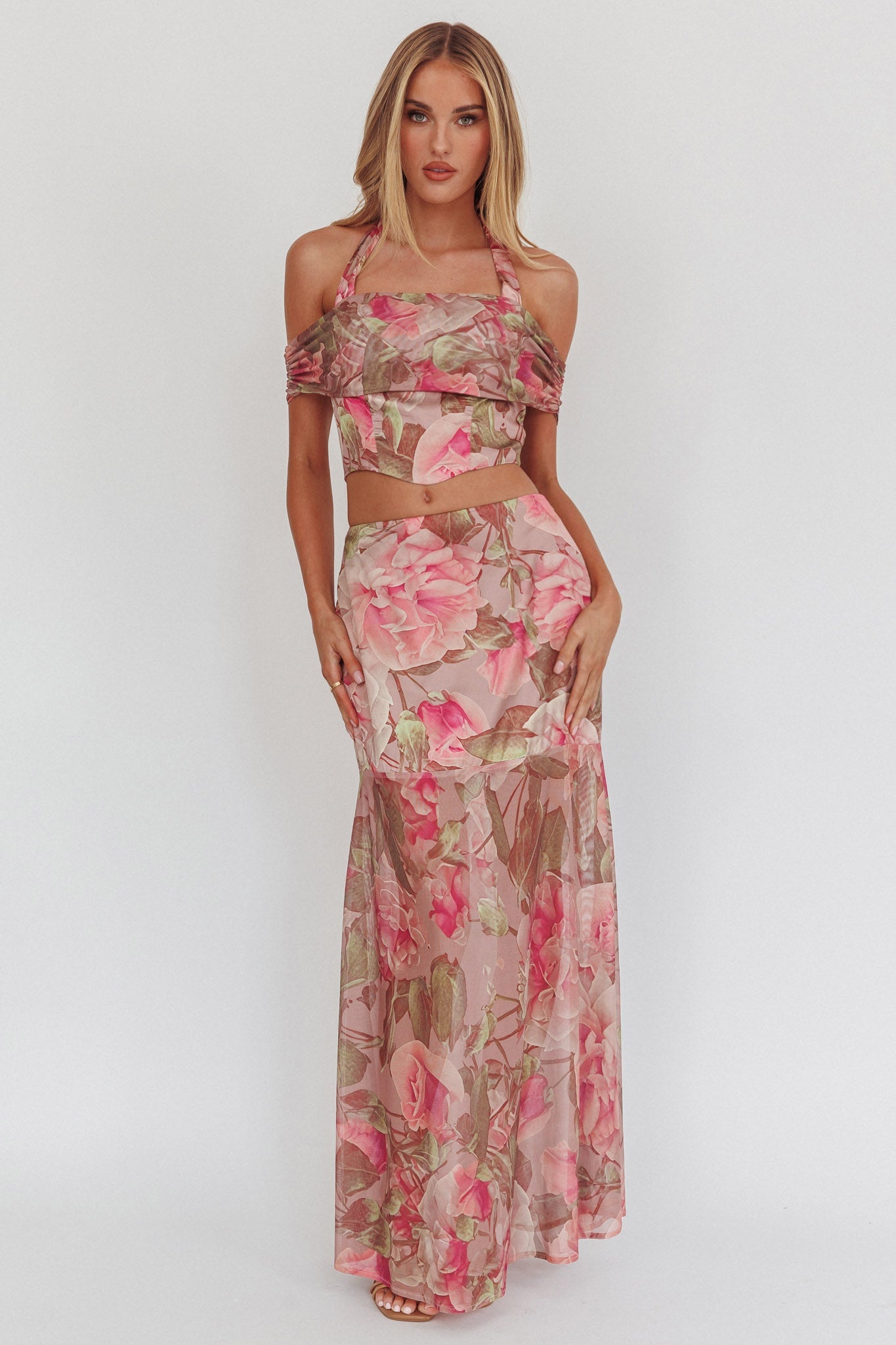 Sunset High Halterneck Crop Top Floral Blush