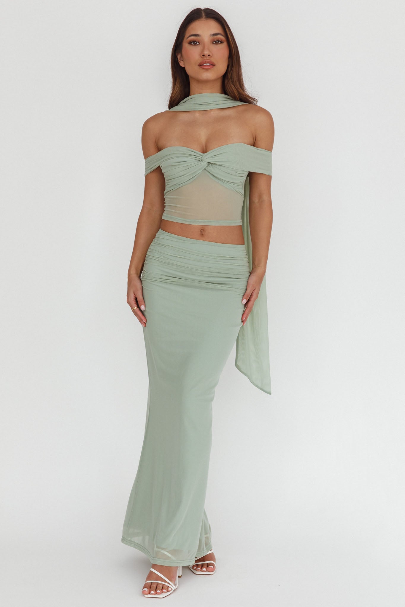 All The Lights Ruched Midi Skirt Sage