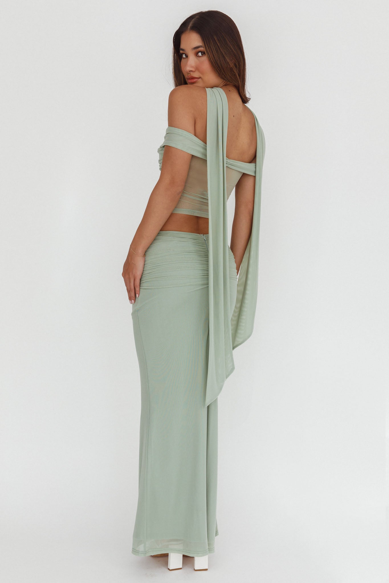 All The Lights Ruched Midi Skirt Sage