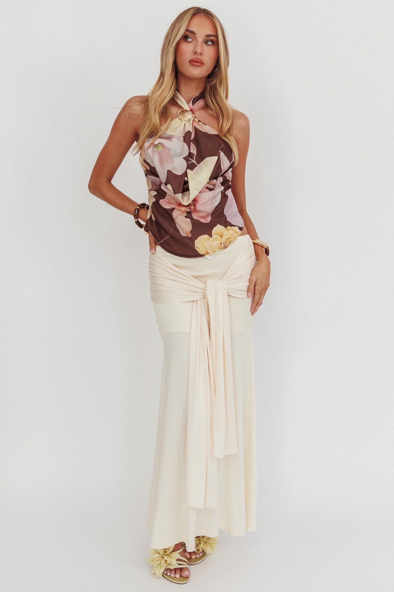 Wisteria Cowl Halterneck Top Floral Brown