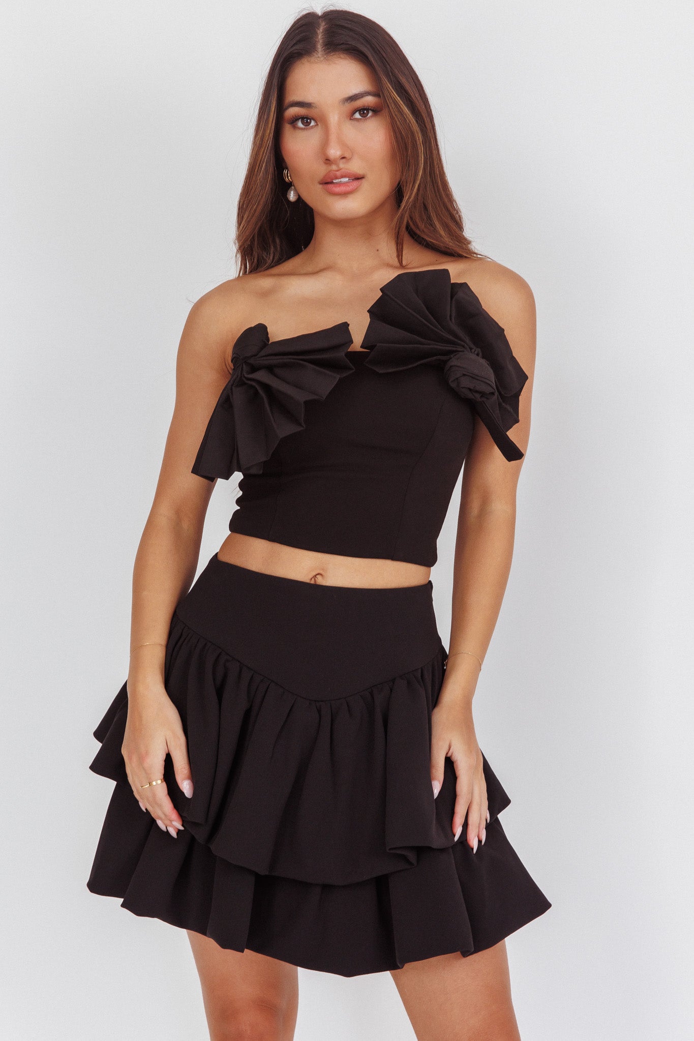 Deisi Concertina Layered Ruffle Mini Skirt Black