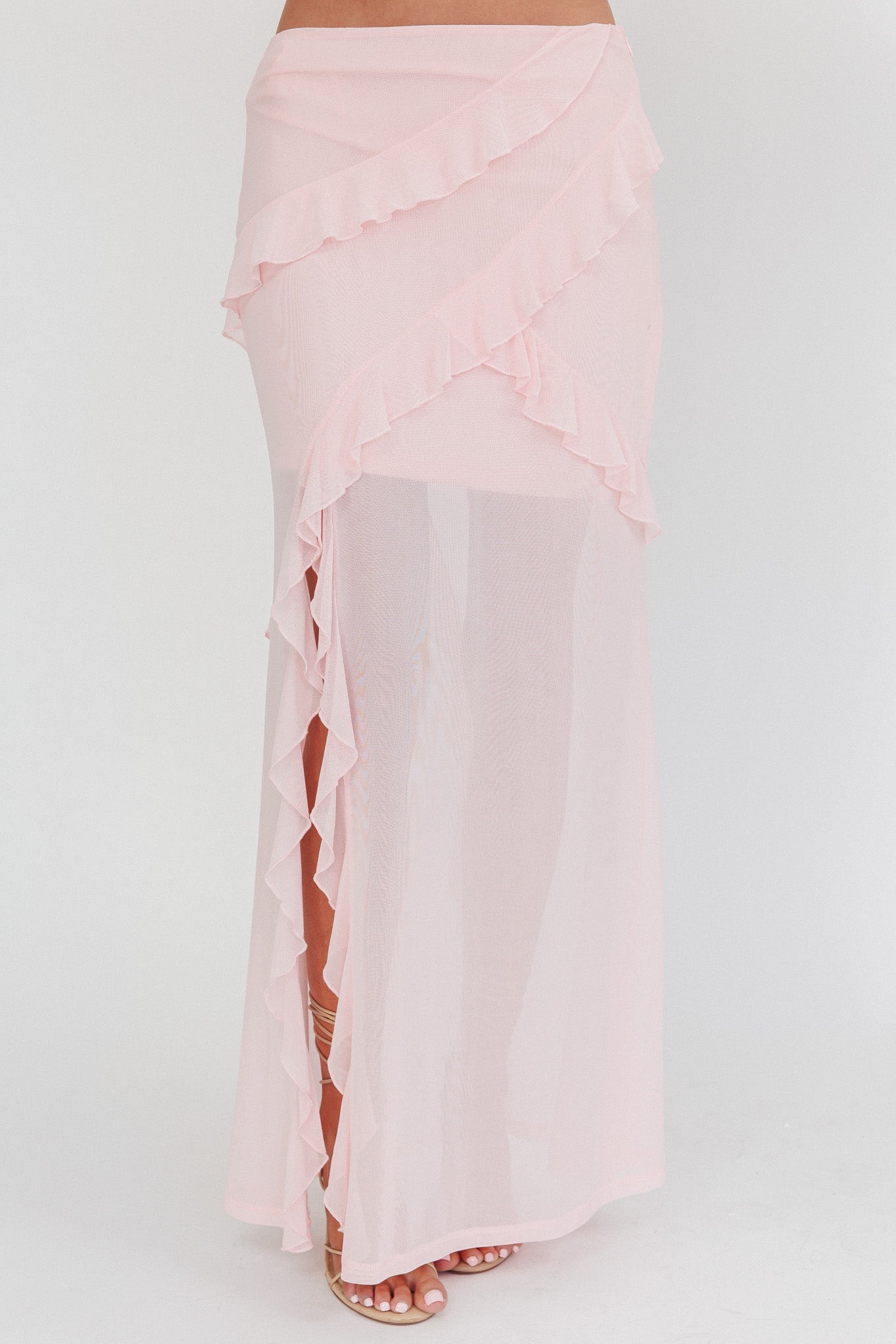 Frosted Sugar Ruffle Trim Split Midi Skirt Pink