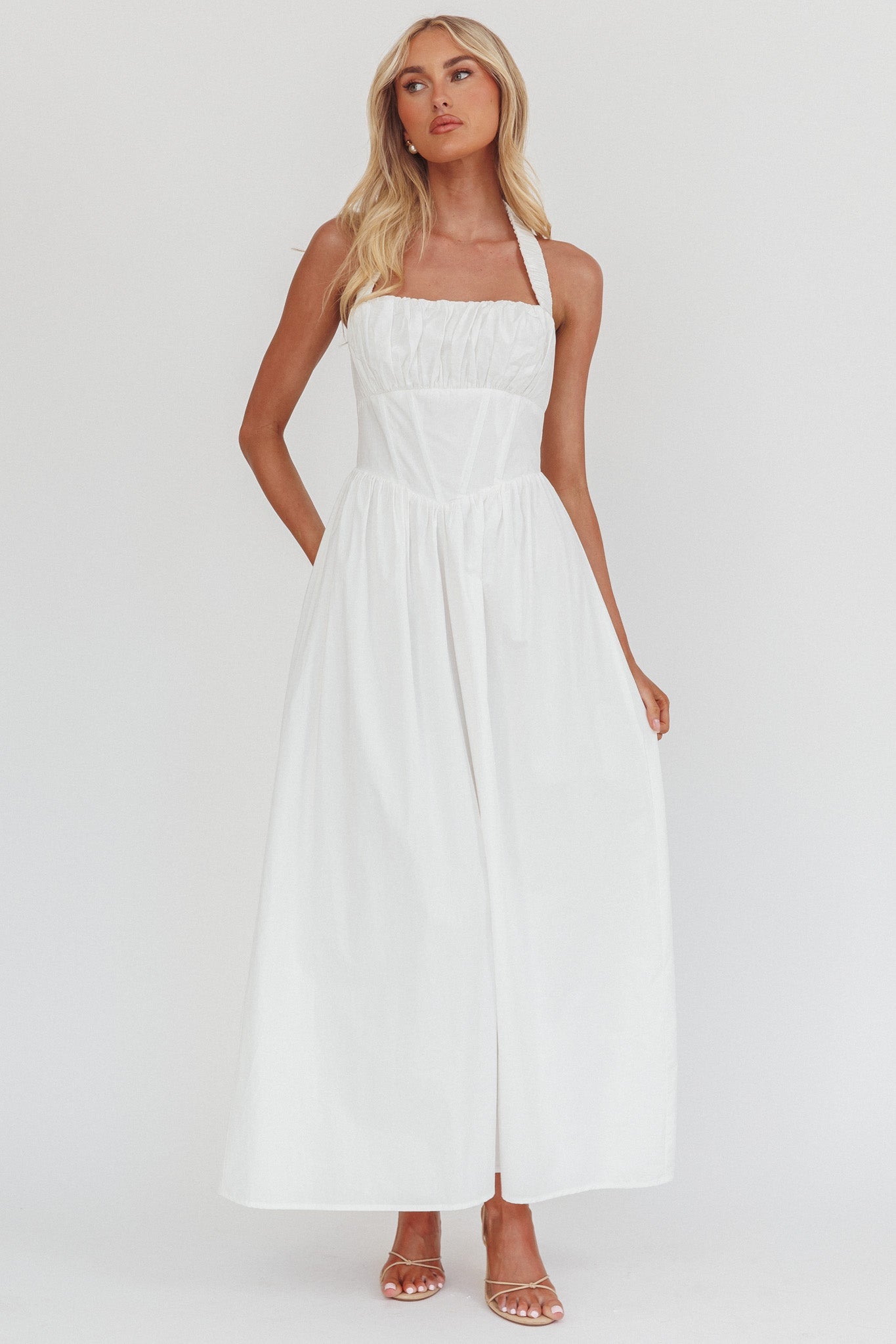 Irisa Elasticated Halter Maxi Dress White