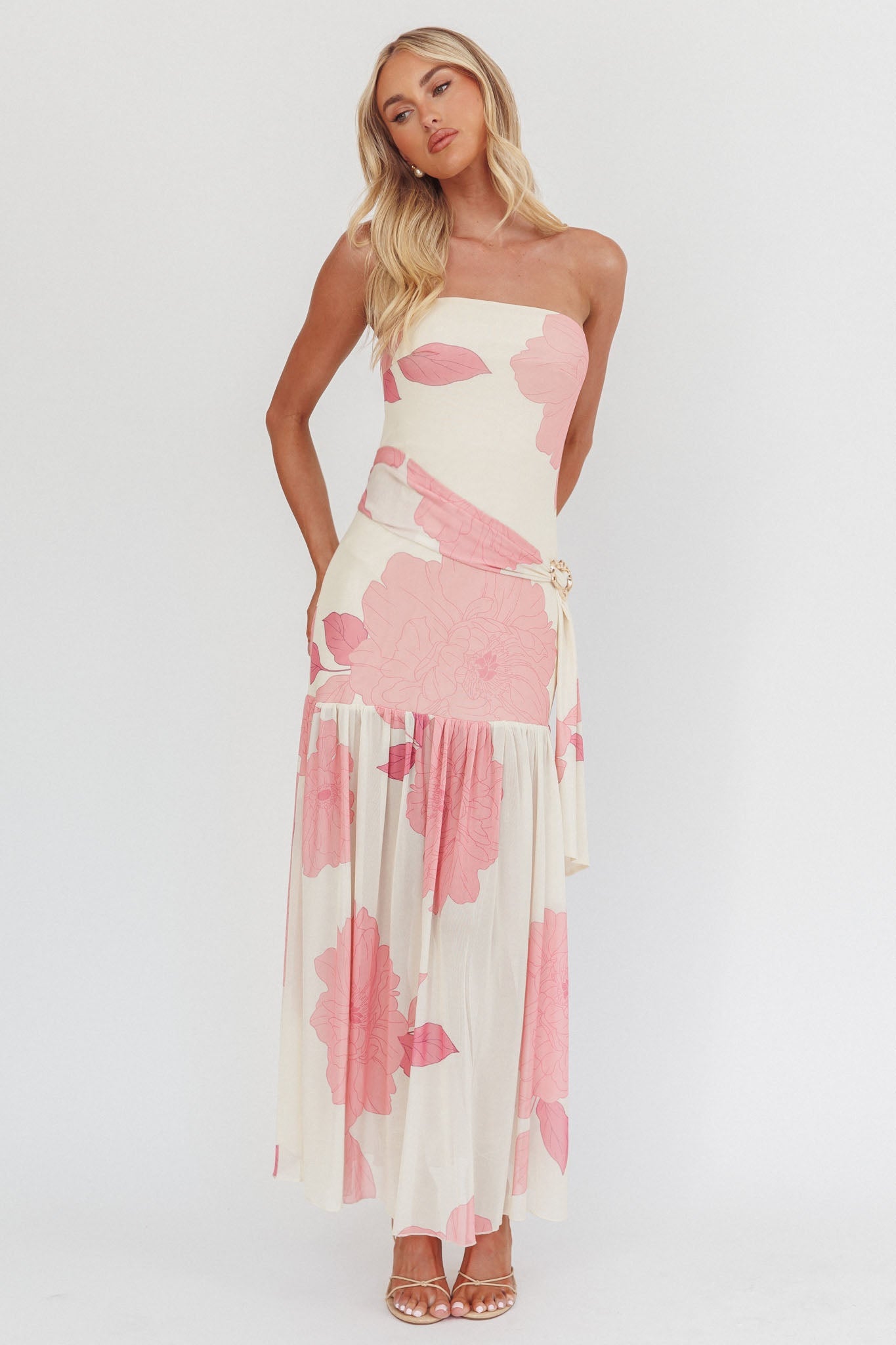 Antonella Strapless Waist Sash Maxi Dress Floral Pink