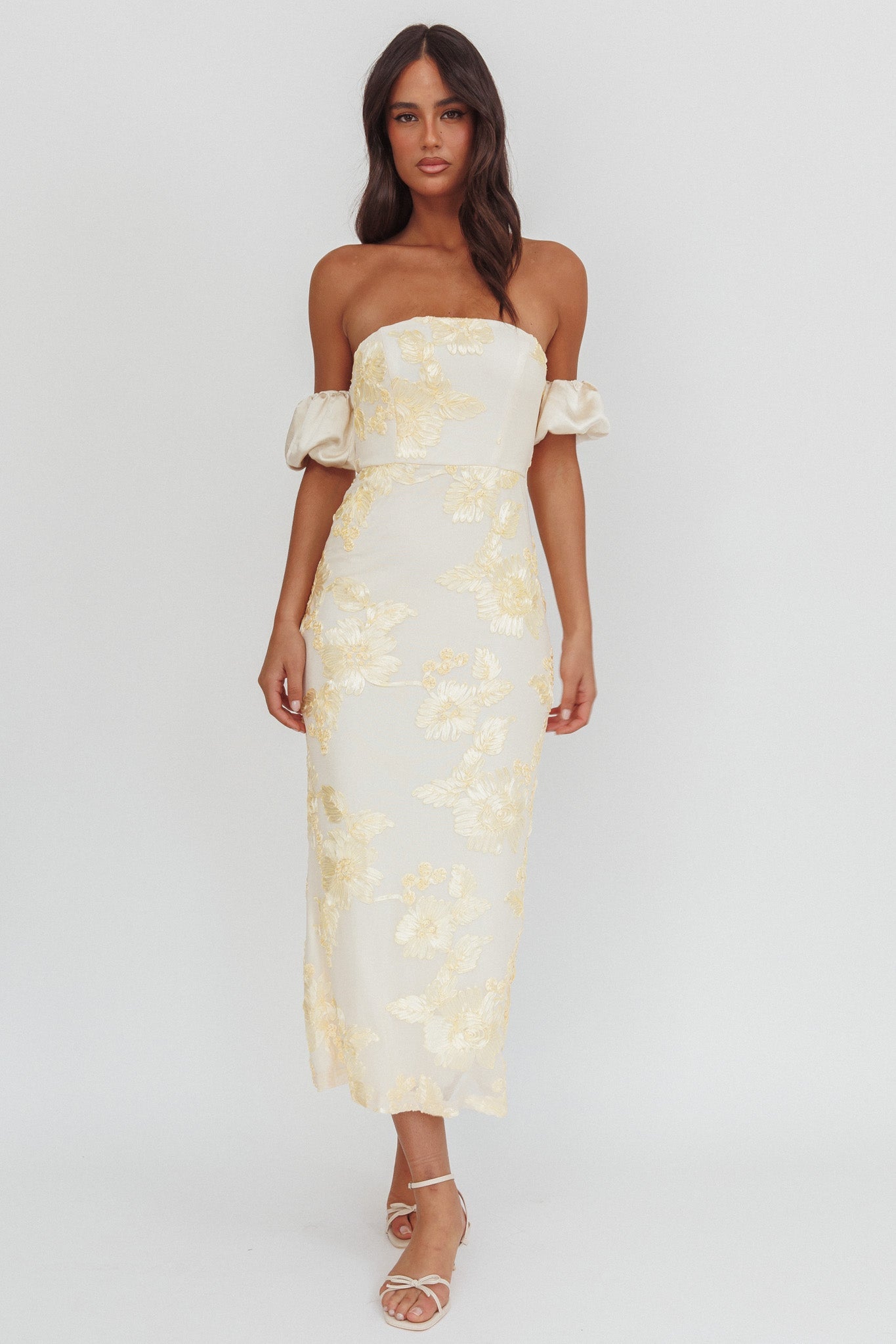 Roman Holiday Puff Sleeve Embellished Midi Dress Gold