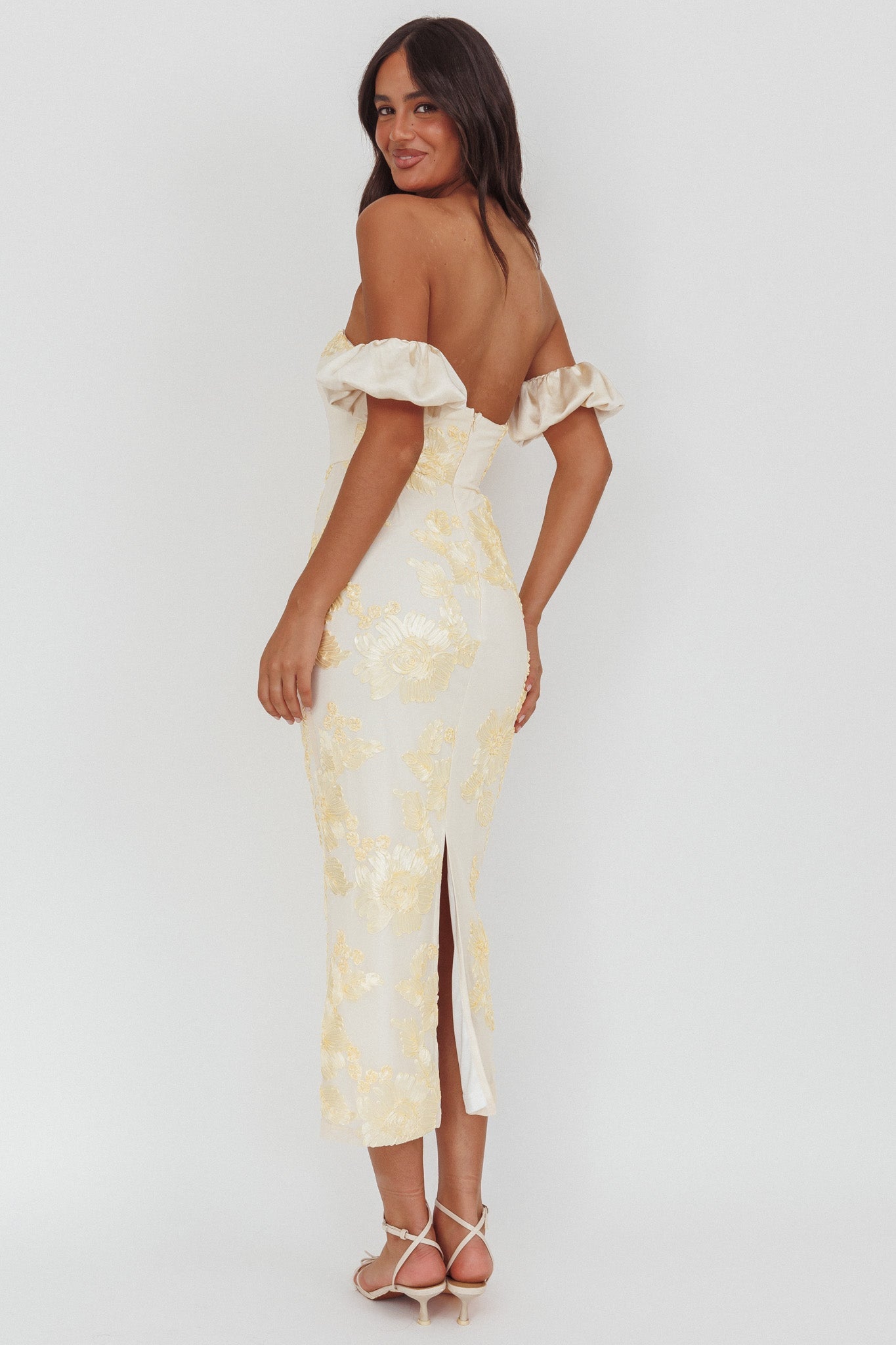 Roman Holiday Puff Sleeve Embellished Midi Dress Gold