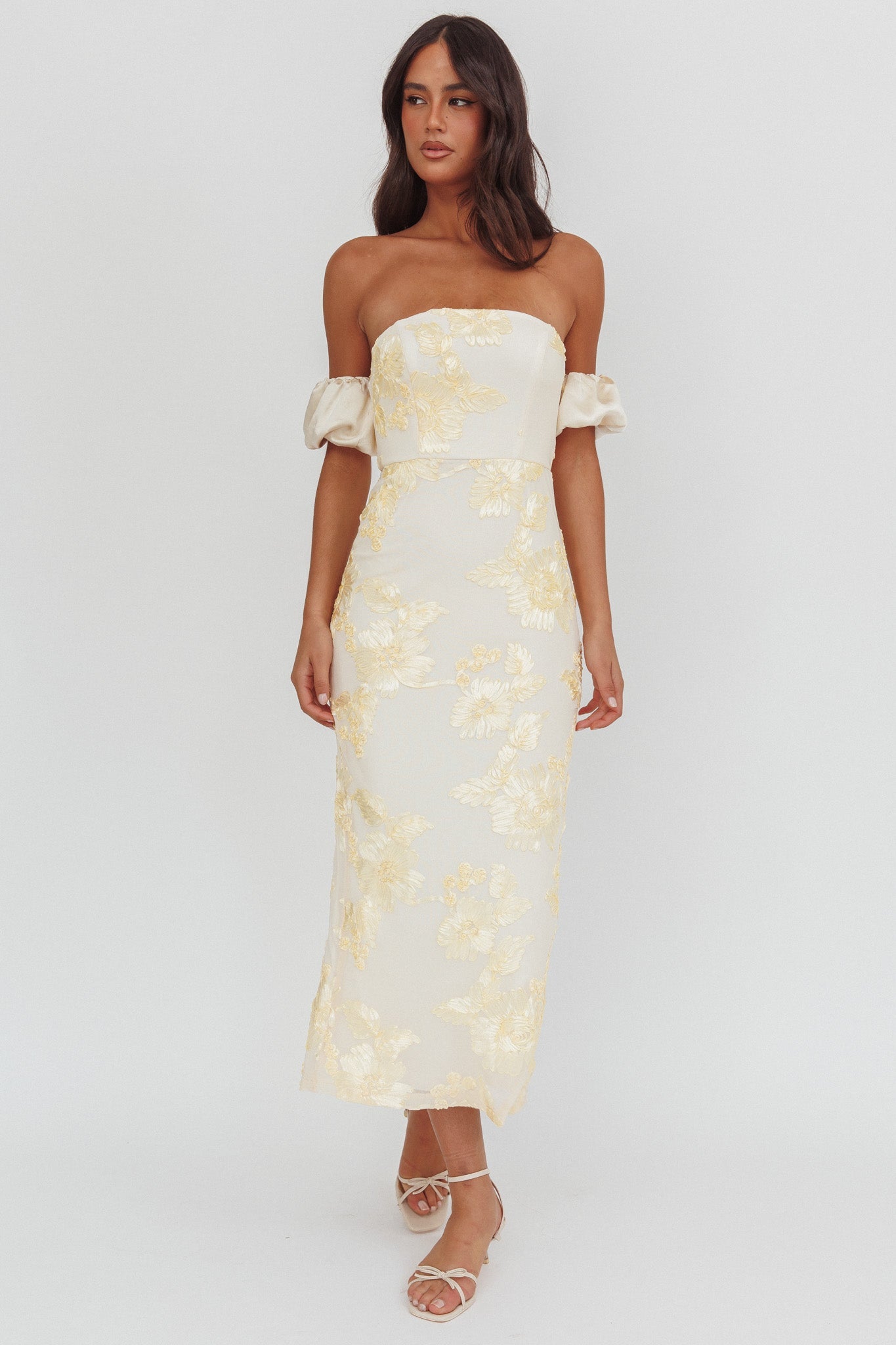 Roman Holiday Puff Sleeve Embellished Midi Dress Gold