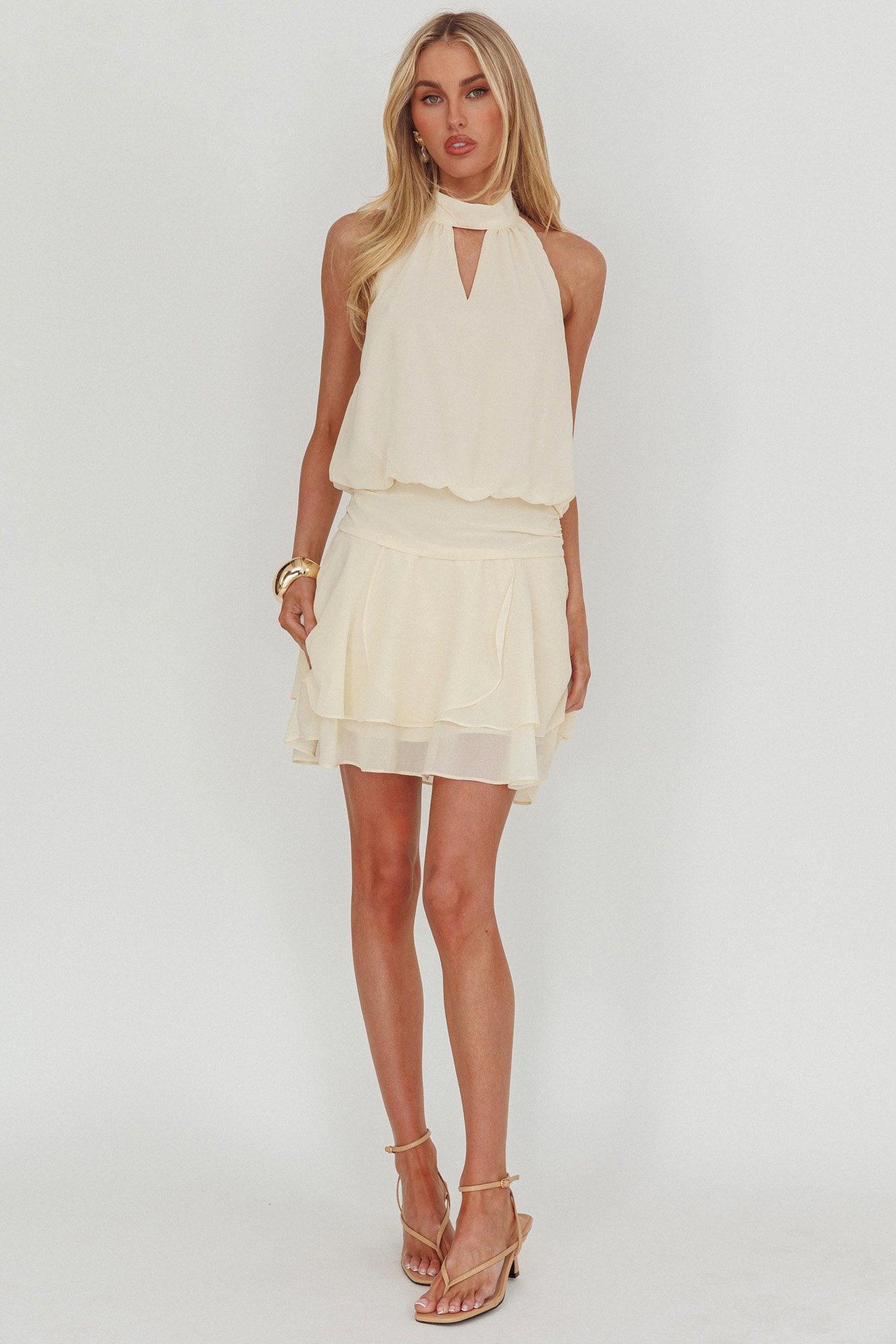 Give In Halterneck Layered Hem Mini Dress Butter