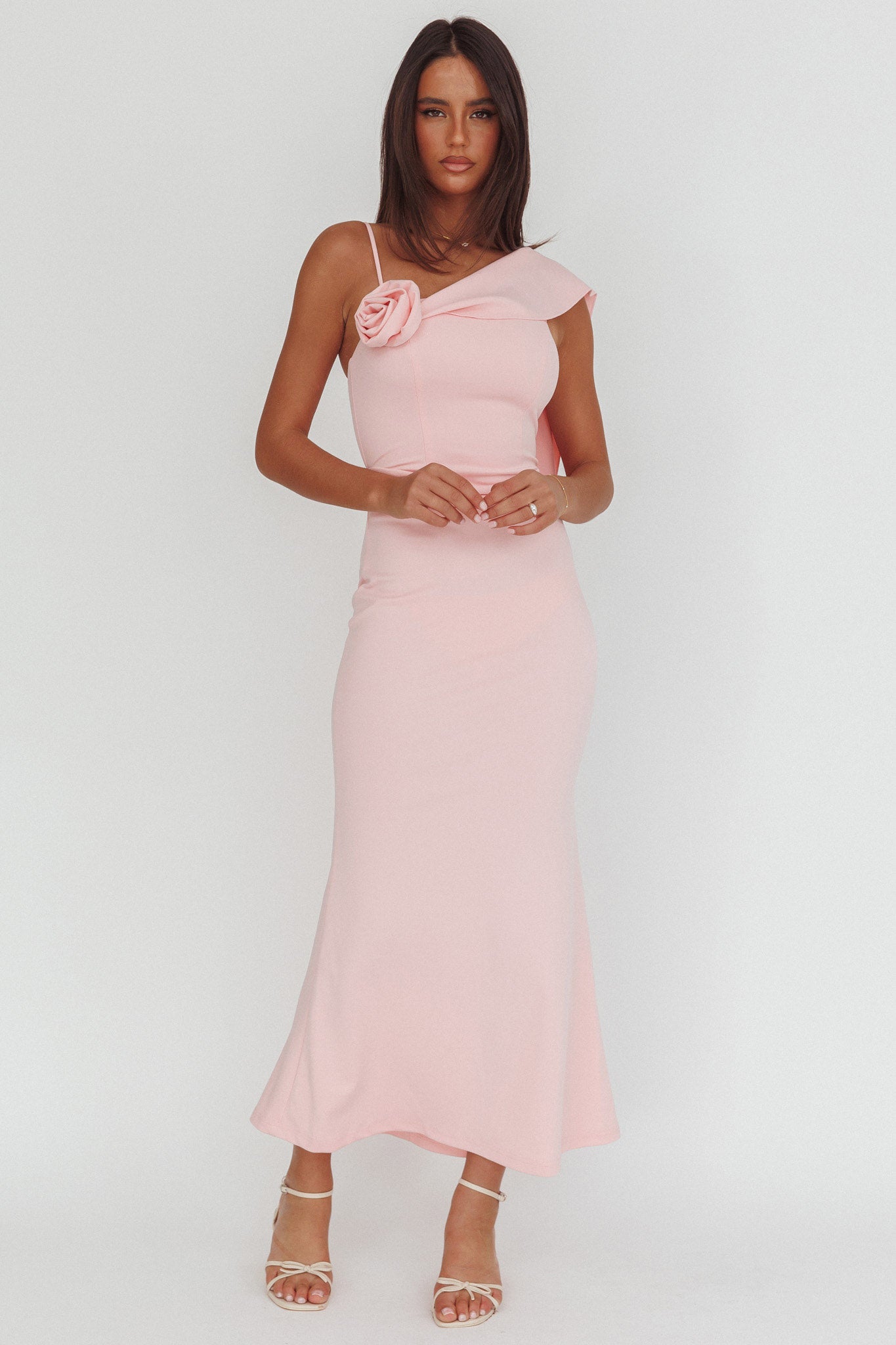Sugar High Asymmetric Shoulder Drape Maxi Dress Pink