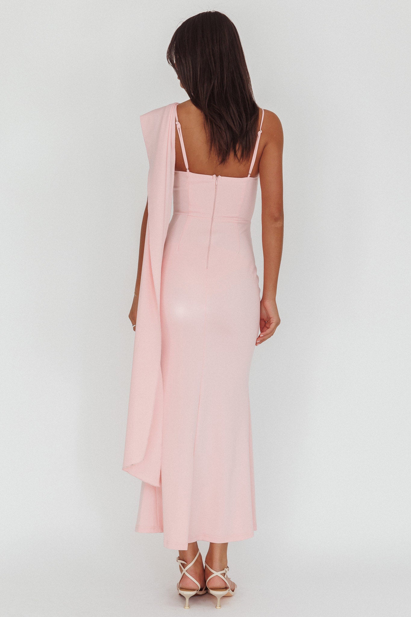 Sugar High Asymmetric Shoulder Drape Maxi Dress Pink