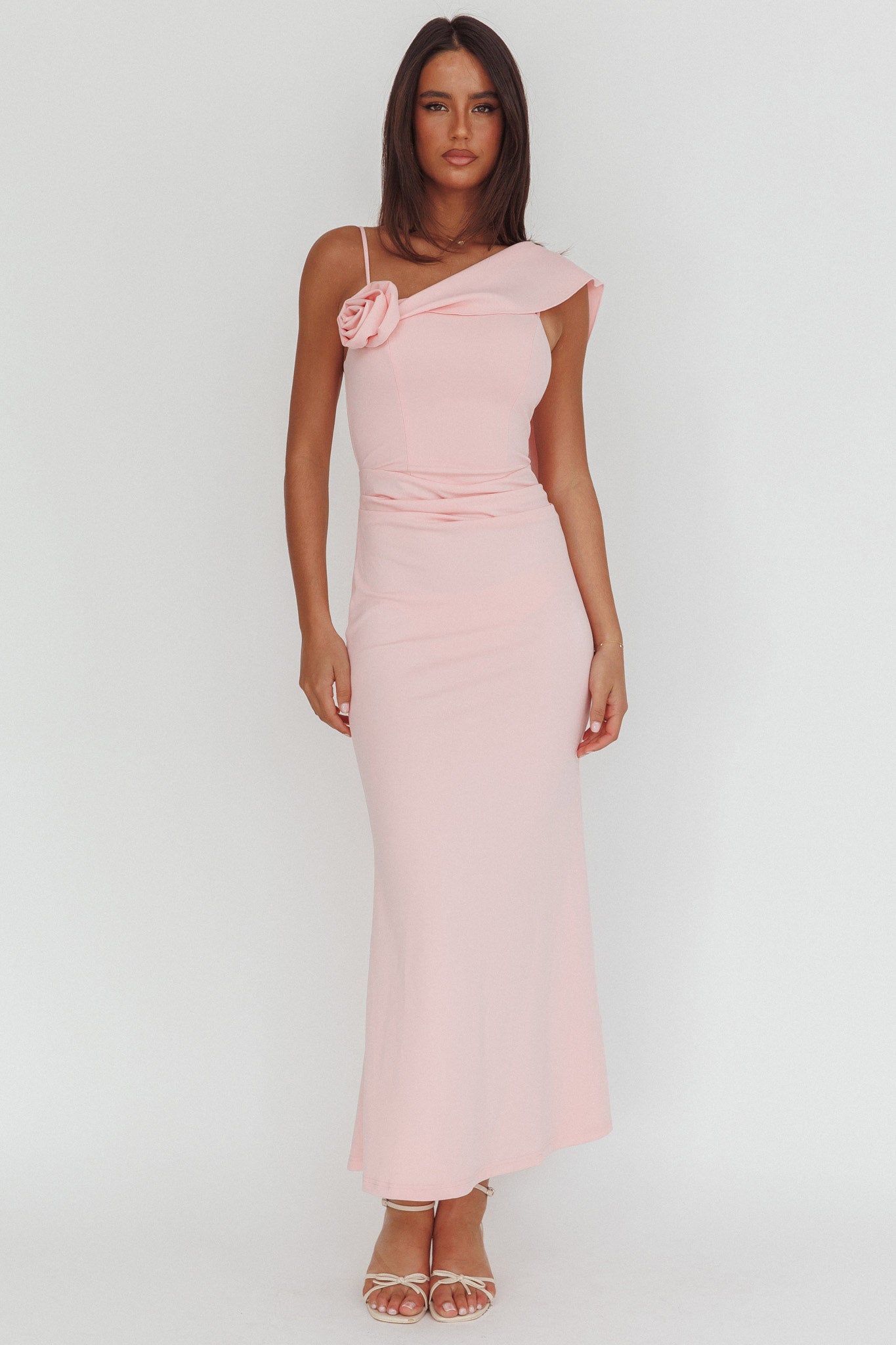 Sugar High Asymmetric Shoulder Drape Maxi Dress Pink