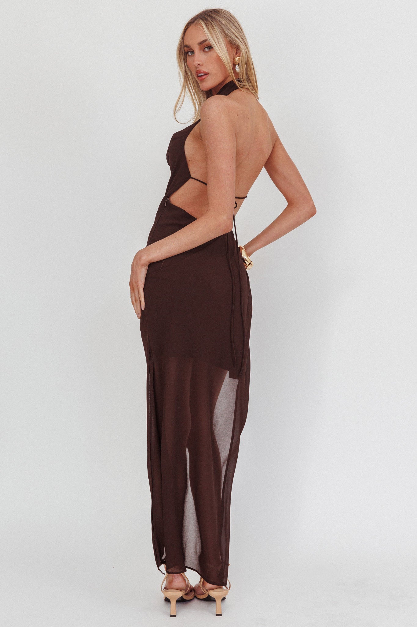 Make It Count Backless Cowl Maxi Dress Chocolate