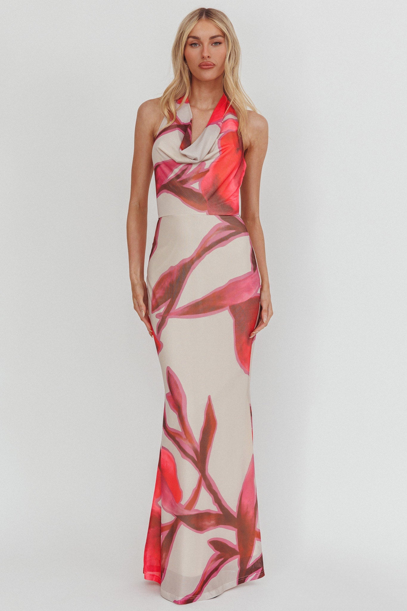 Outlier Cowl Halterneck Maxi Dress Print Beige
