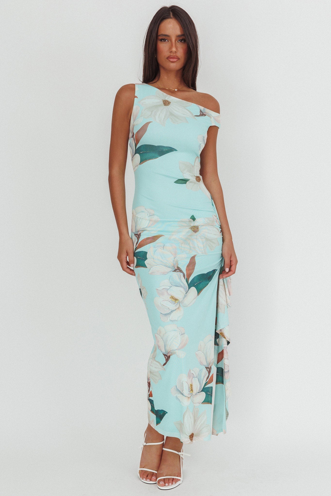 Raphaella Asymmetric Neckline Split Maxi Dress Magnolia Mint