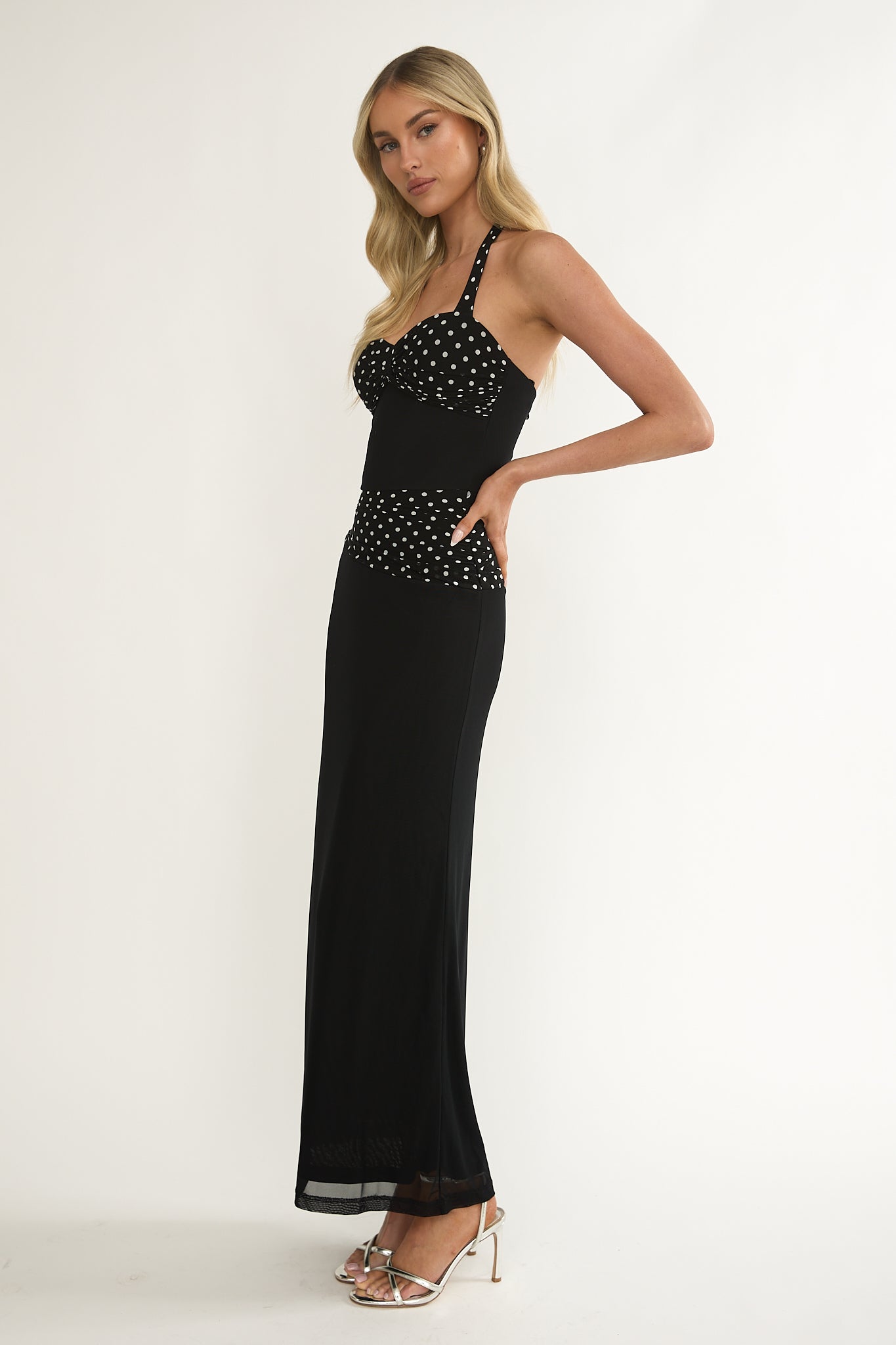 Swan Halterneck Ruched Waist Maxi Dress Black